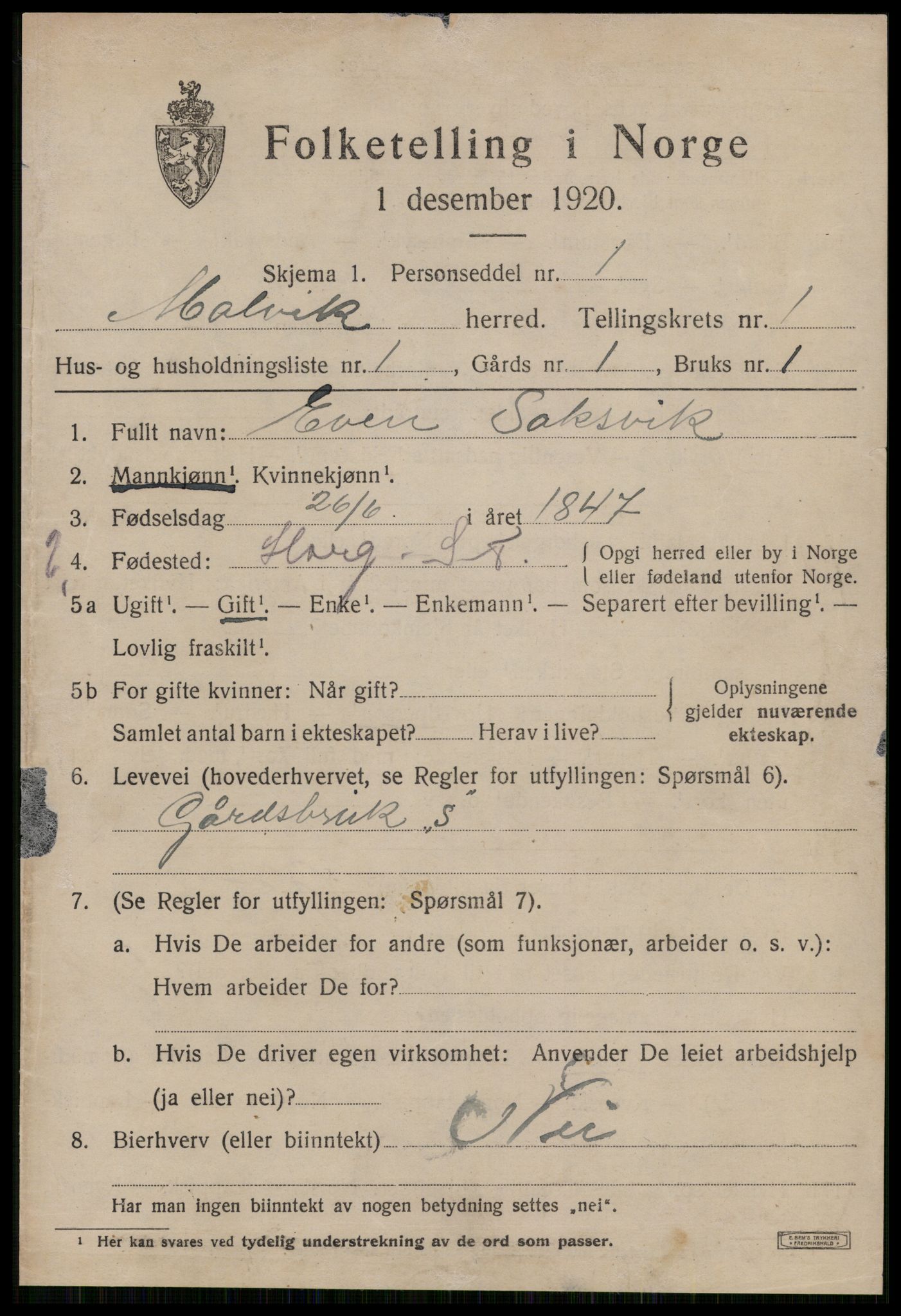 SAT, 1920 census for Malvik, 1920, p. 1190