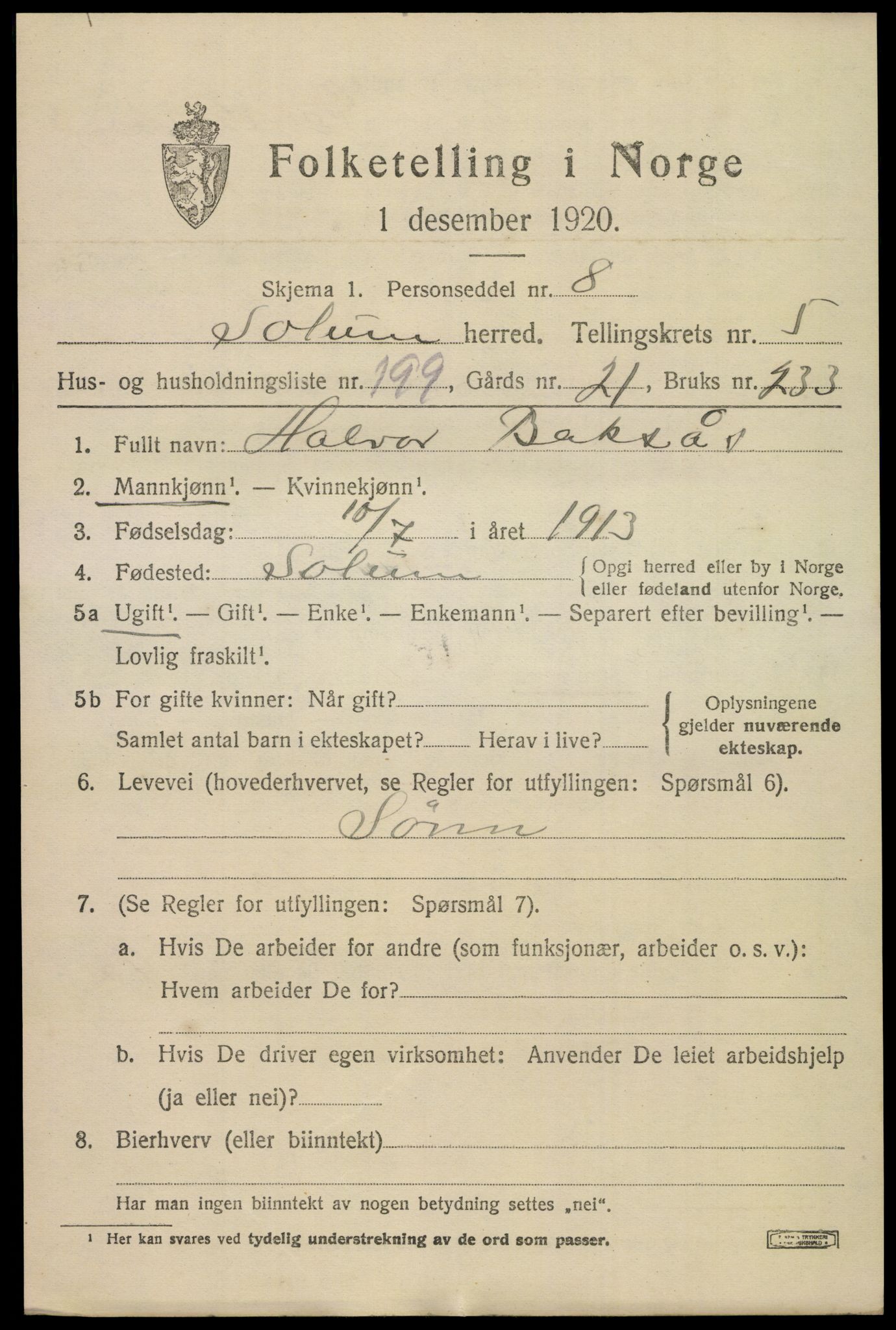 SAKO, 1920 census for Solum, 1920, p. 13158