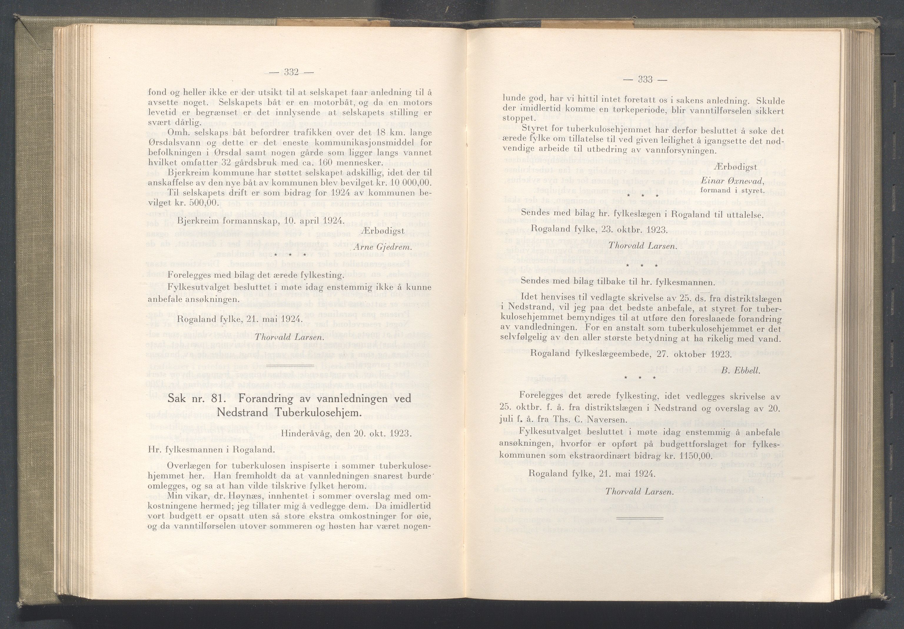 Rogaland fylkeskommune - Fylkesrådmannen , IKAR/A-900/A/Aa/Aaa/L0043: Møtebok , 1924, p. 332-333