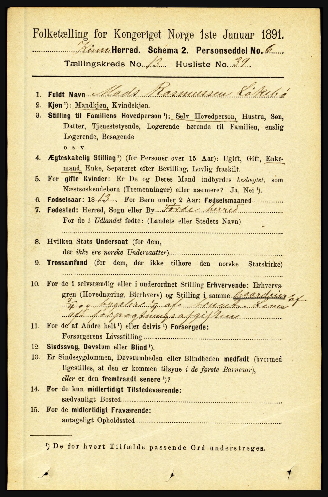 RA, 1891 census for 1437 Kinn, 1891, p. 5328