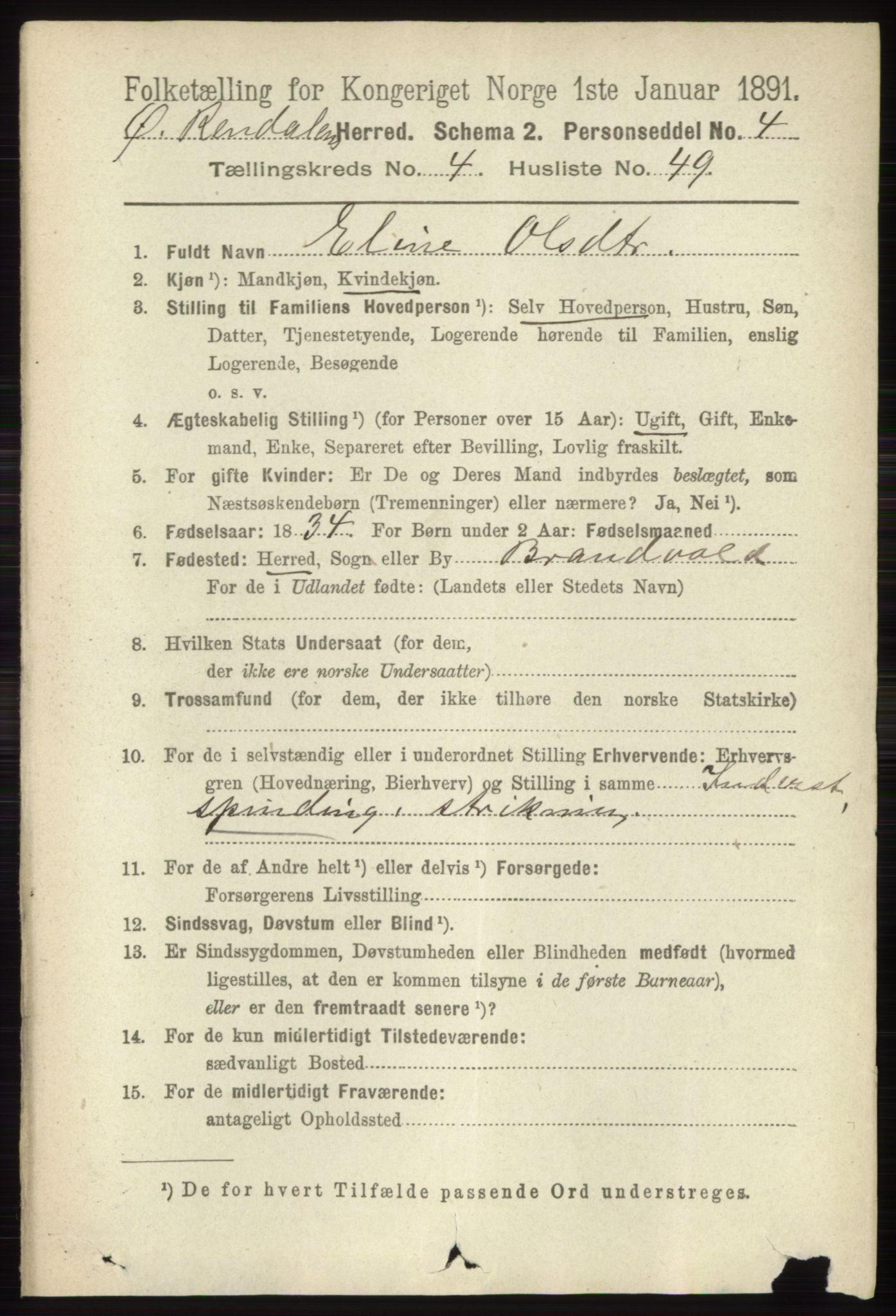 RA, 1891 census for 0433 Øvre Rendal, 1891, p. 1262