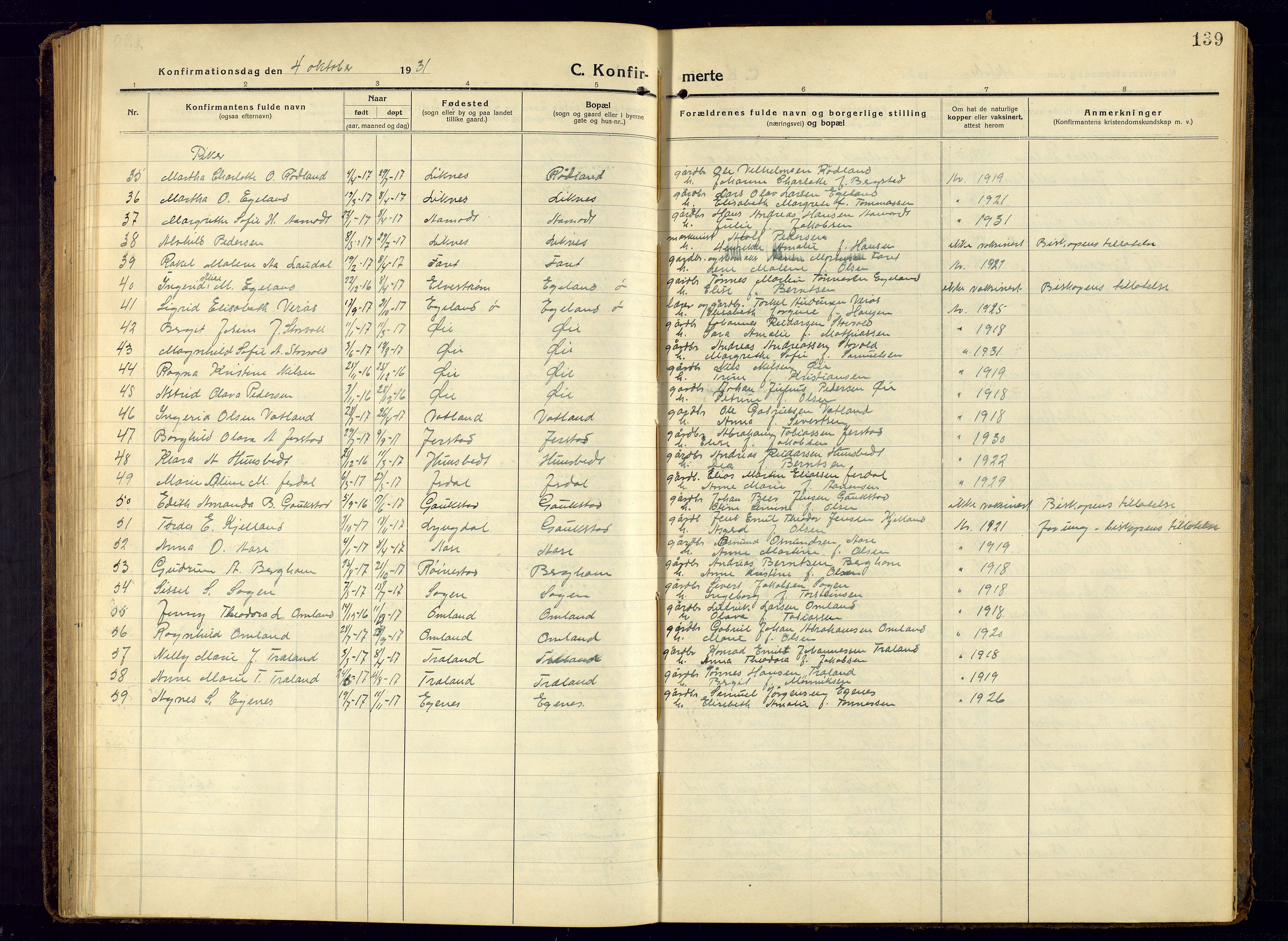 Kvinesdal sokneprestkontor, SAK/1111-0026/F/Fb/Fbb/L0004: Parish register (copy) no. B 4, 1917-1938, p. 139