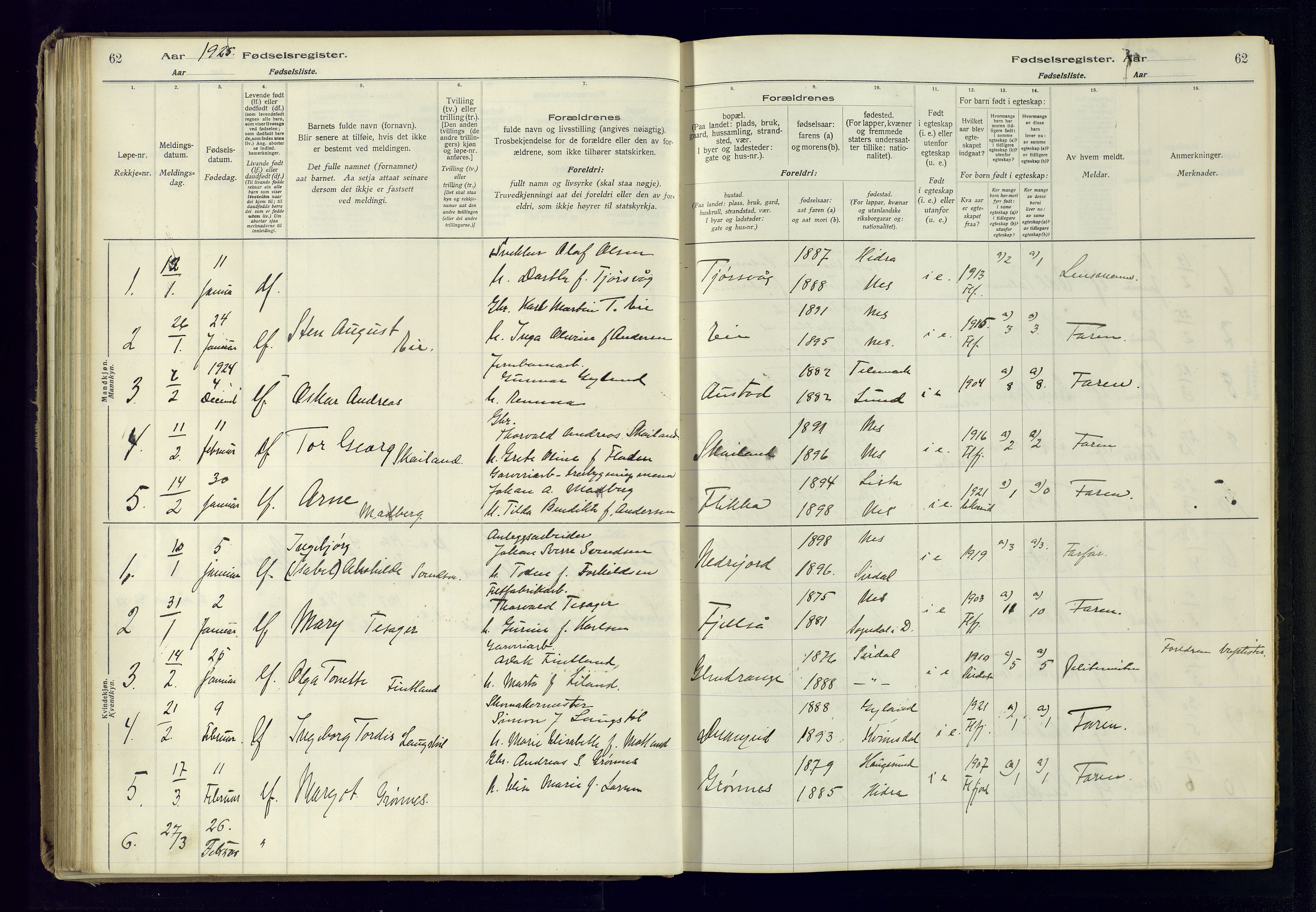 Flekkefjord sokneprestkontor, AV/SAK-1111-0012/J/Ja/L0005: Birth register no. 5, 1916-1950, p. 62