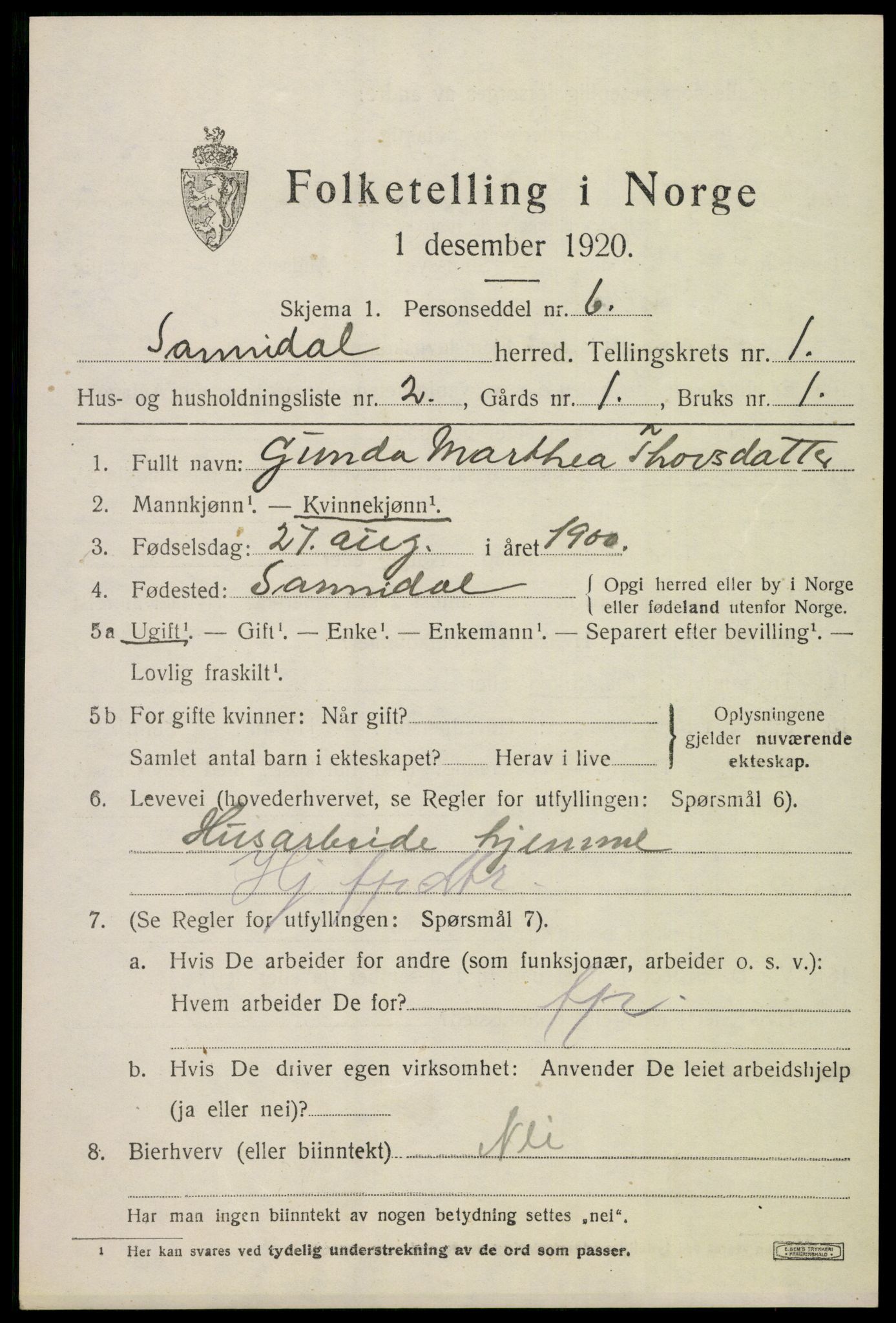 SAKO, 1920 census for Sannidal, 1920, p. 1051