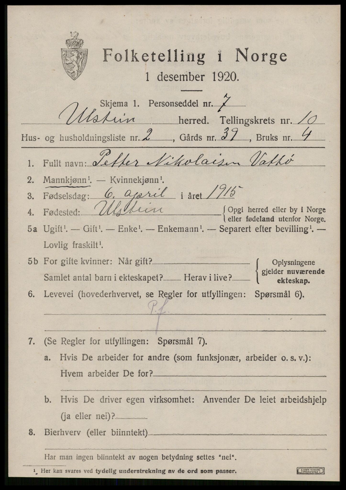 SAT, 1920 census for Ulstein, 1920, p. 5348