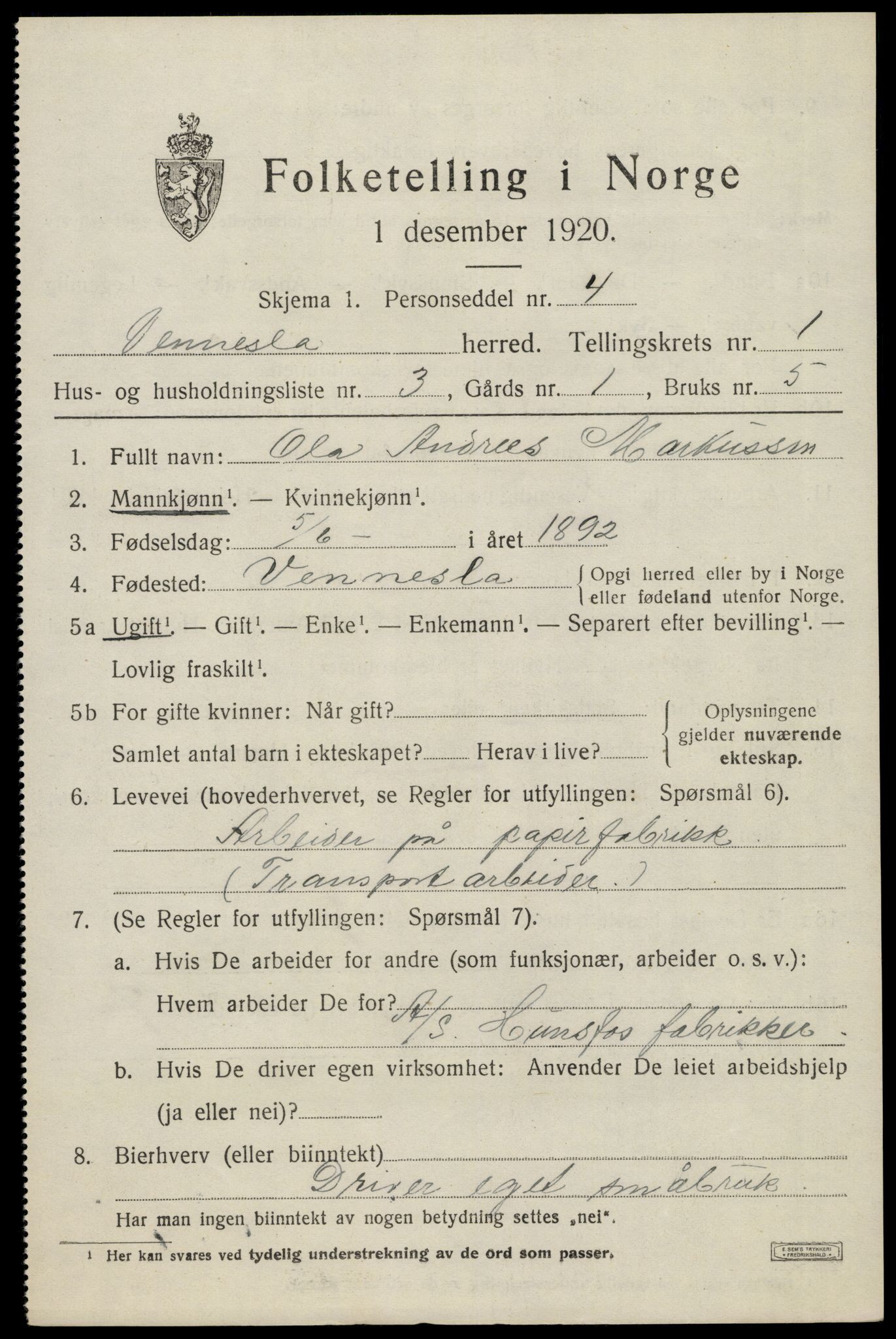 SAK, 1920 census for Vennesla, 1920, p. 962