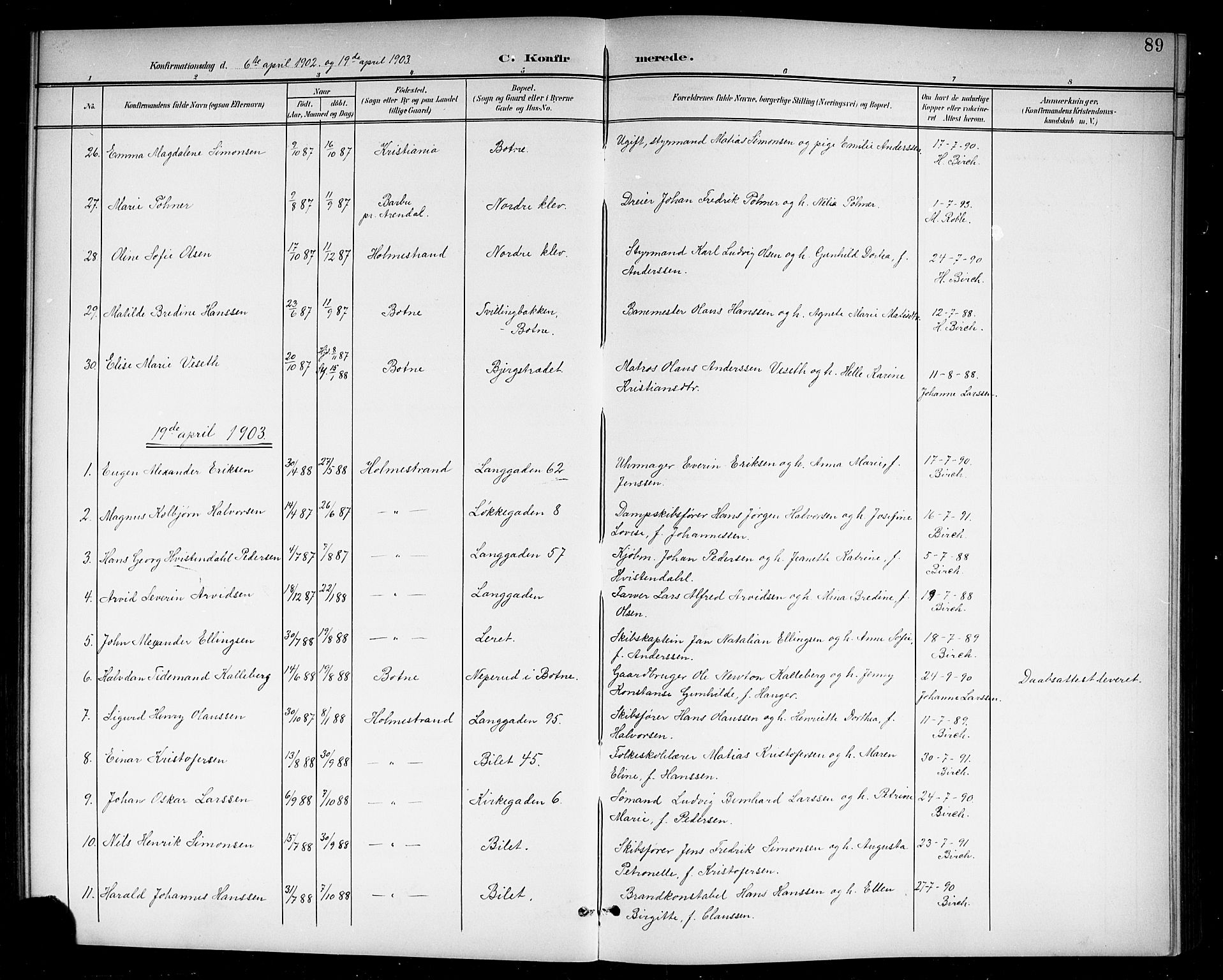 Holmestrand kirkebøker, AV/SAKO-A-346/G/Ga/L0006: Parish register (copy) no. 6, 1901-1923, p. 89