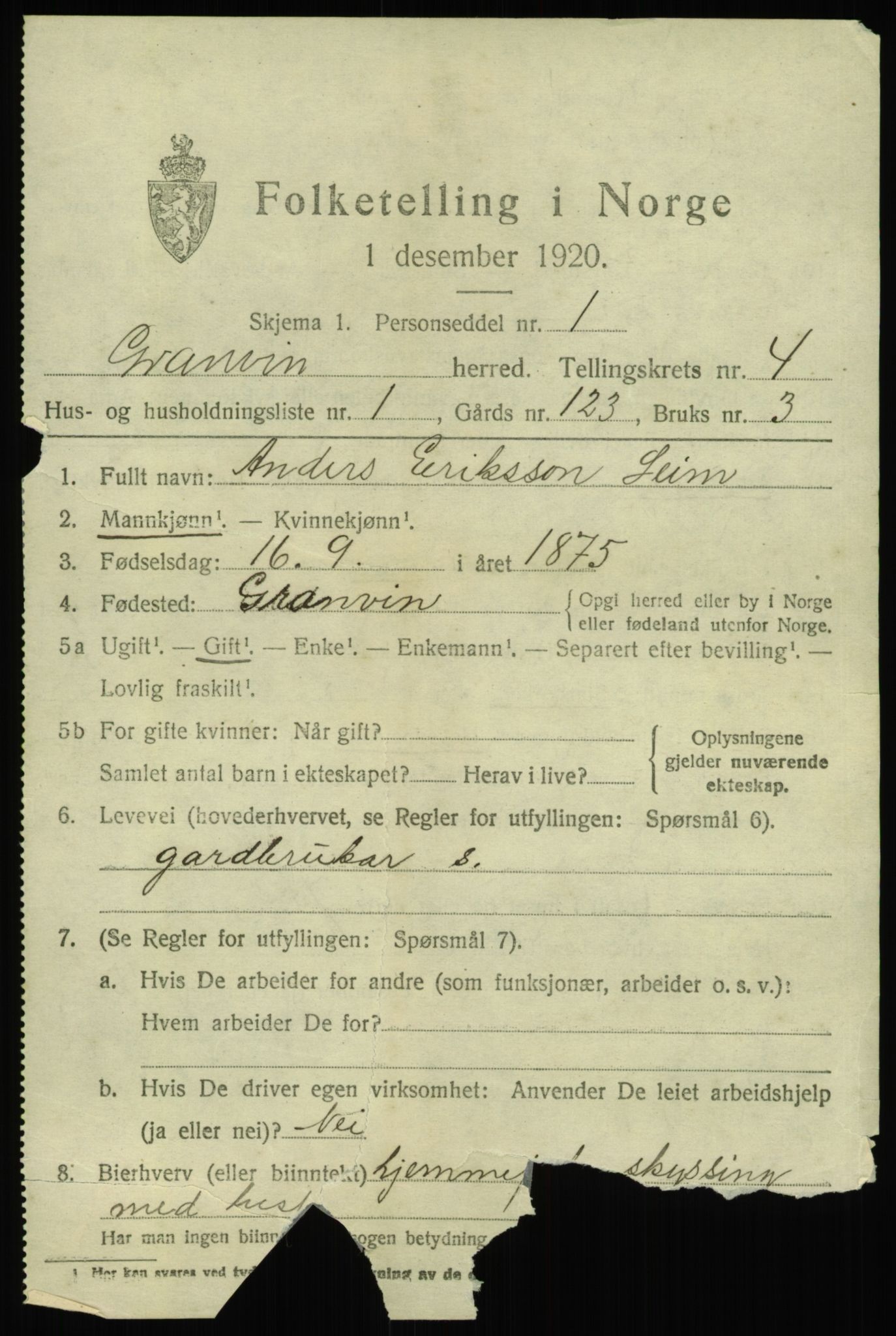 SAB, 1920 census for Granvin, 1920, p. 1542