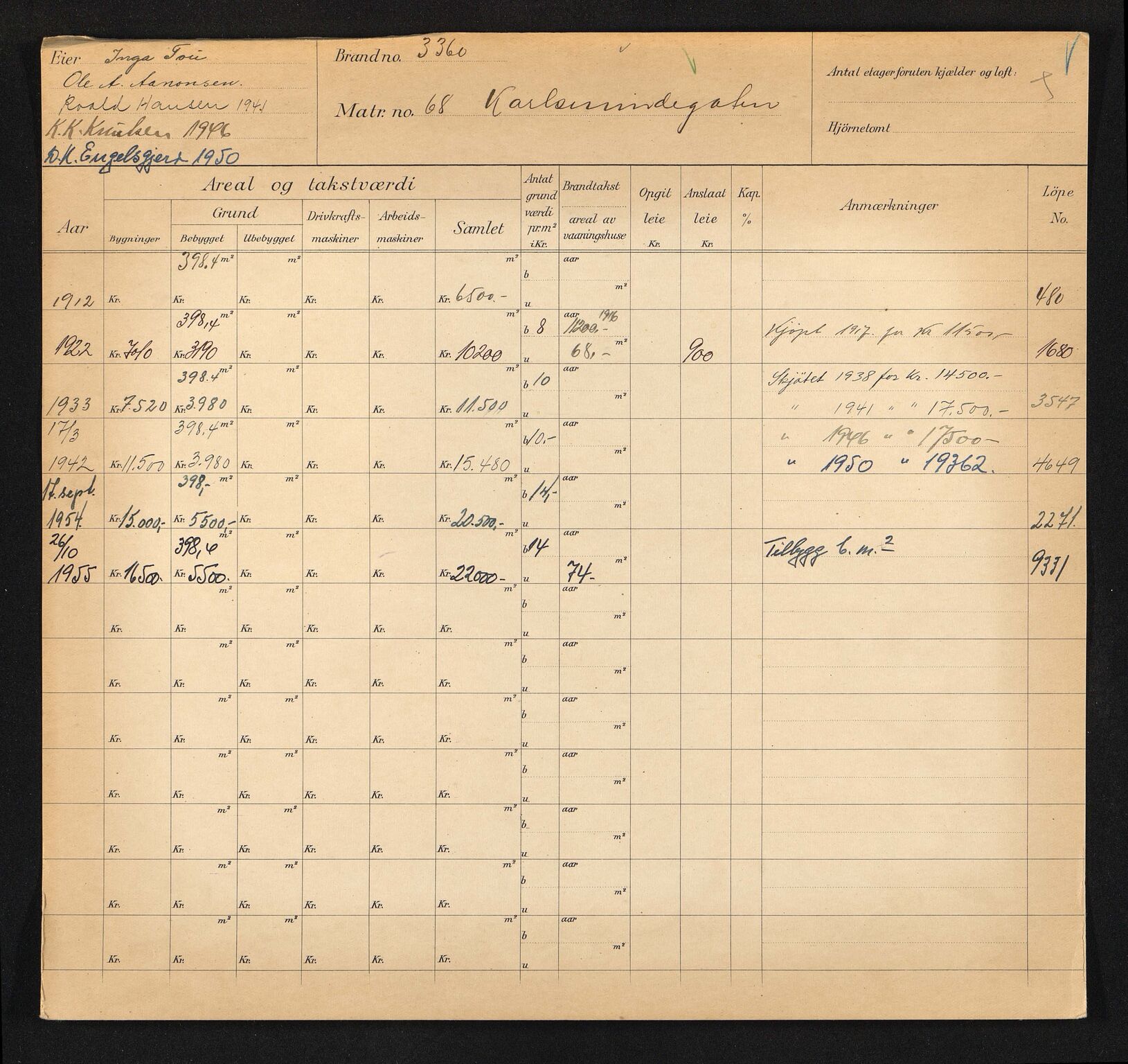Stavanger kommune. Skattetakstvesenet, BYST/A-0440/F/Fa/Faa/L0024/0003: Skattetakstkort / Karlsminnegata 61 - 80