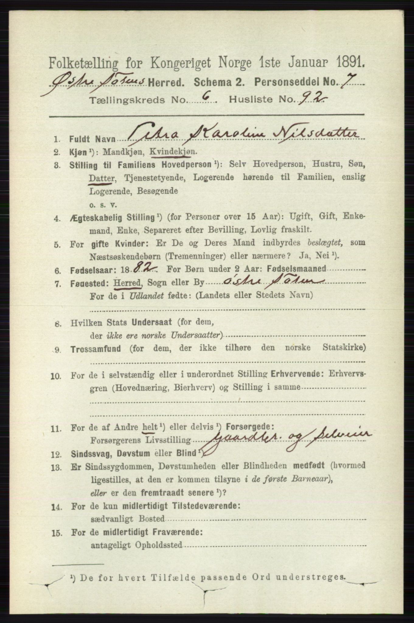 RA, 1891 census for 0528 Østre Toten, 1891, p. 4325