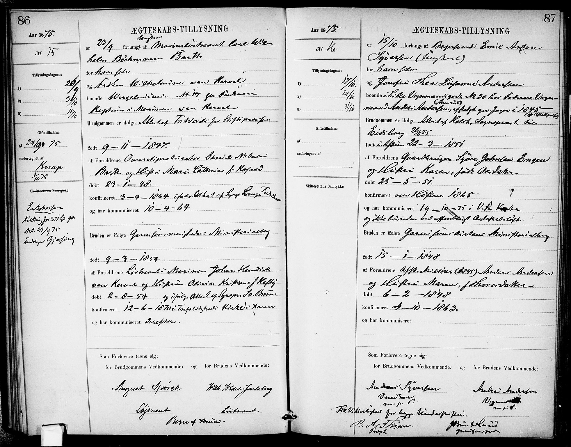 Garnisonsmenigheten Kirkebøker, AV/SAO-A-10846/H/Ha/L0007: Banns register no. I 7, 1872-1893, p. 86-87