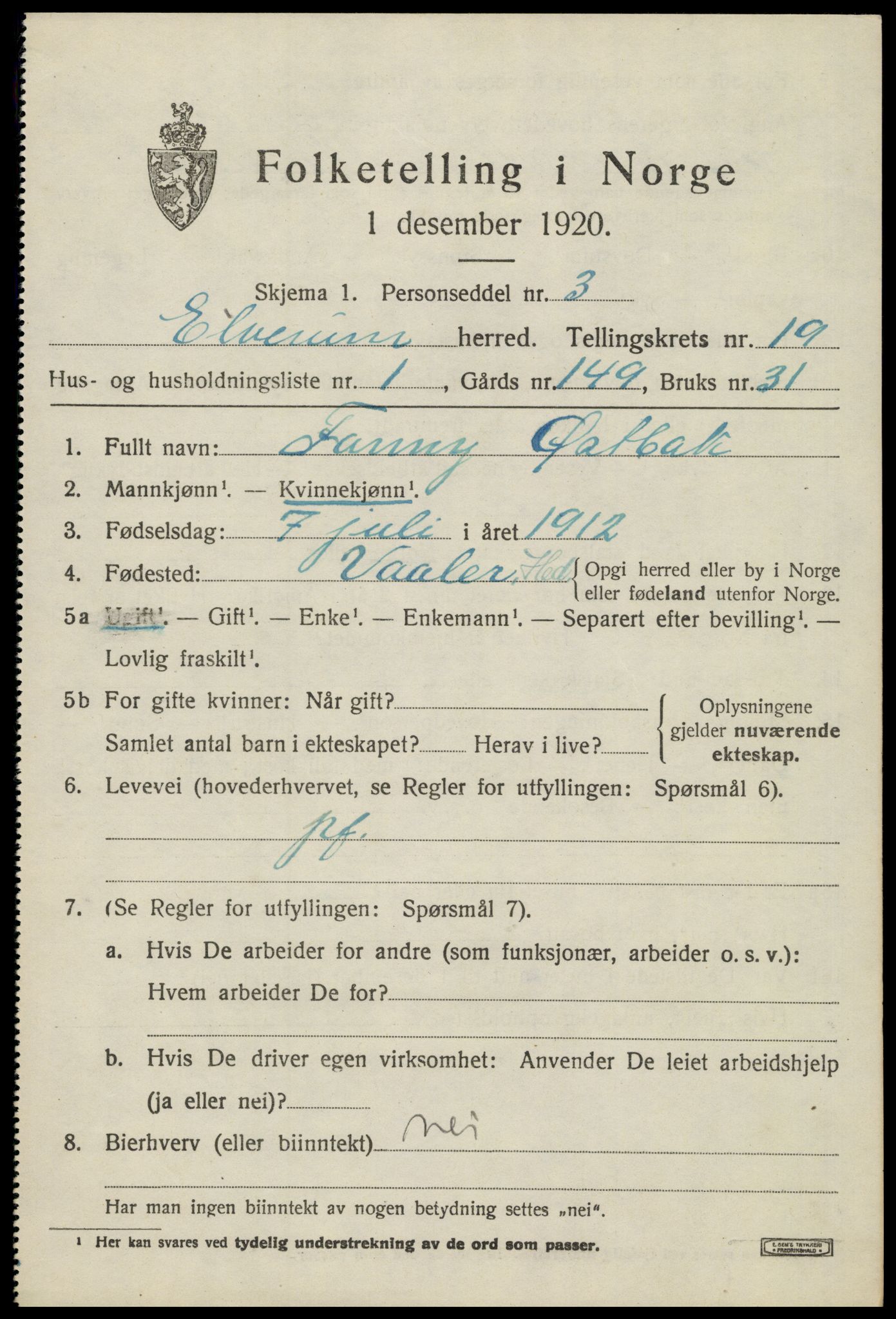 SAH, 1920 census for Elverum, 1920, p. 22542