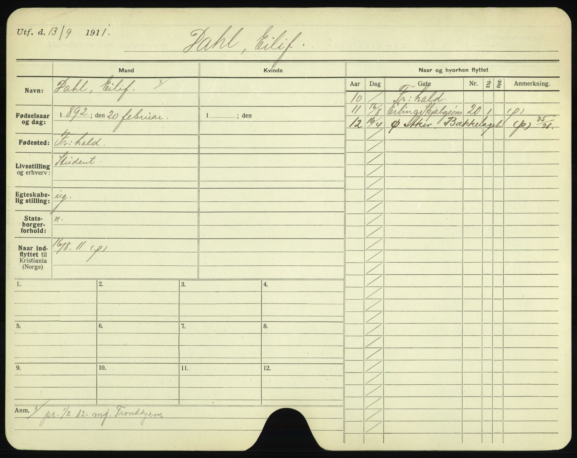 Oslo folkeregister, Registerkort, AV/SAO-A-11715/F/Fa/Fac/L0002: Menn, 1906-1914, p. 501a