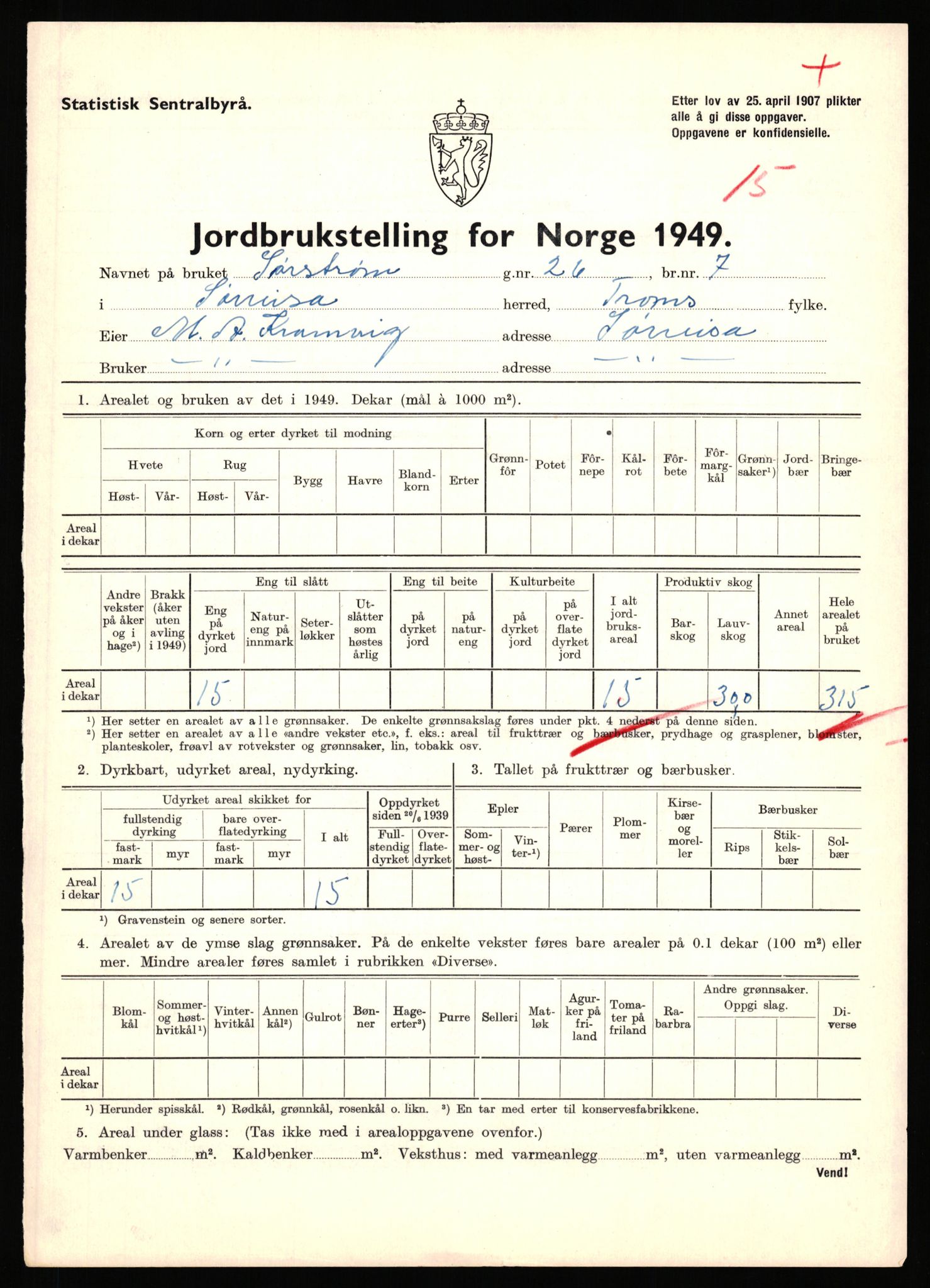 Statistisk sentralbyrå, Næringsøkonomiske emner, Jordbruk, skogbruk, jakt, fiske og fangst, AV/RA-S-2234/G/Gc/L0440: Troms: Sørreisa og Dyrøy, 1949, p. 195