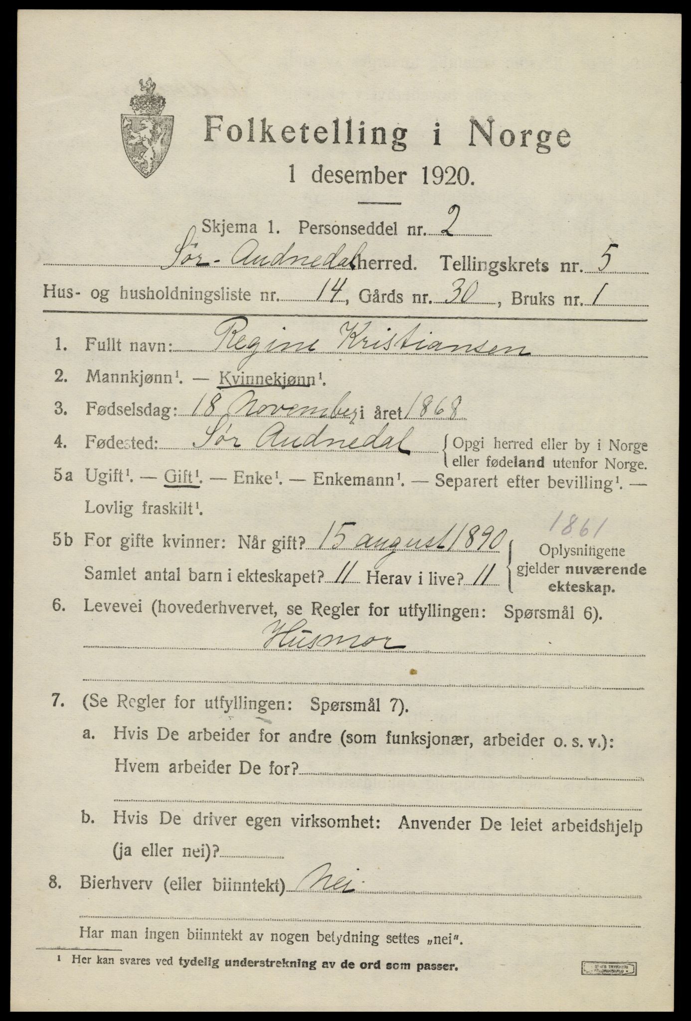SAK, 1920 census for Sør-Audnedal, 1920, p. 2649