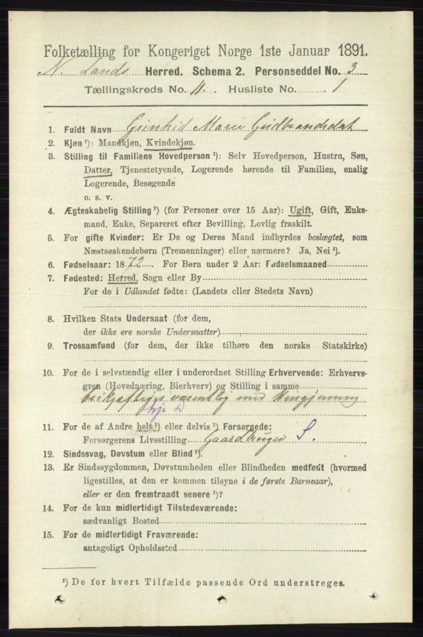 RA, 1891 census for 0538 Nordre Land, 1891, p. 3032