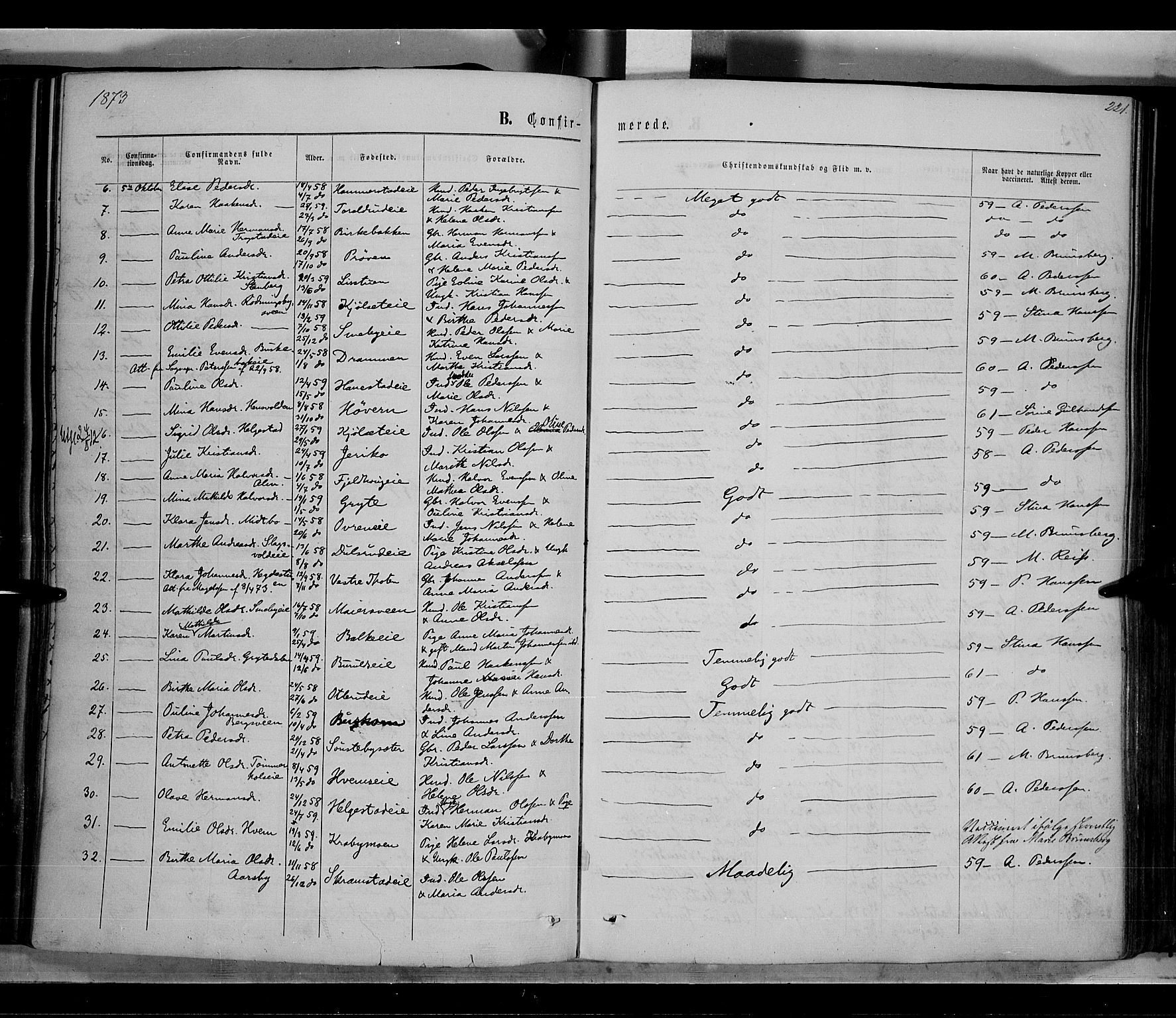 Østre Toten prestekontor, AV/SAH-PREST-104/H/Ha/Haa/L0005: Parish register (official) no. 5, 1866-1877, p. 221