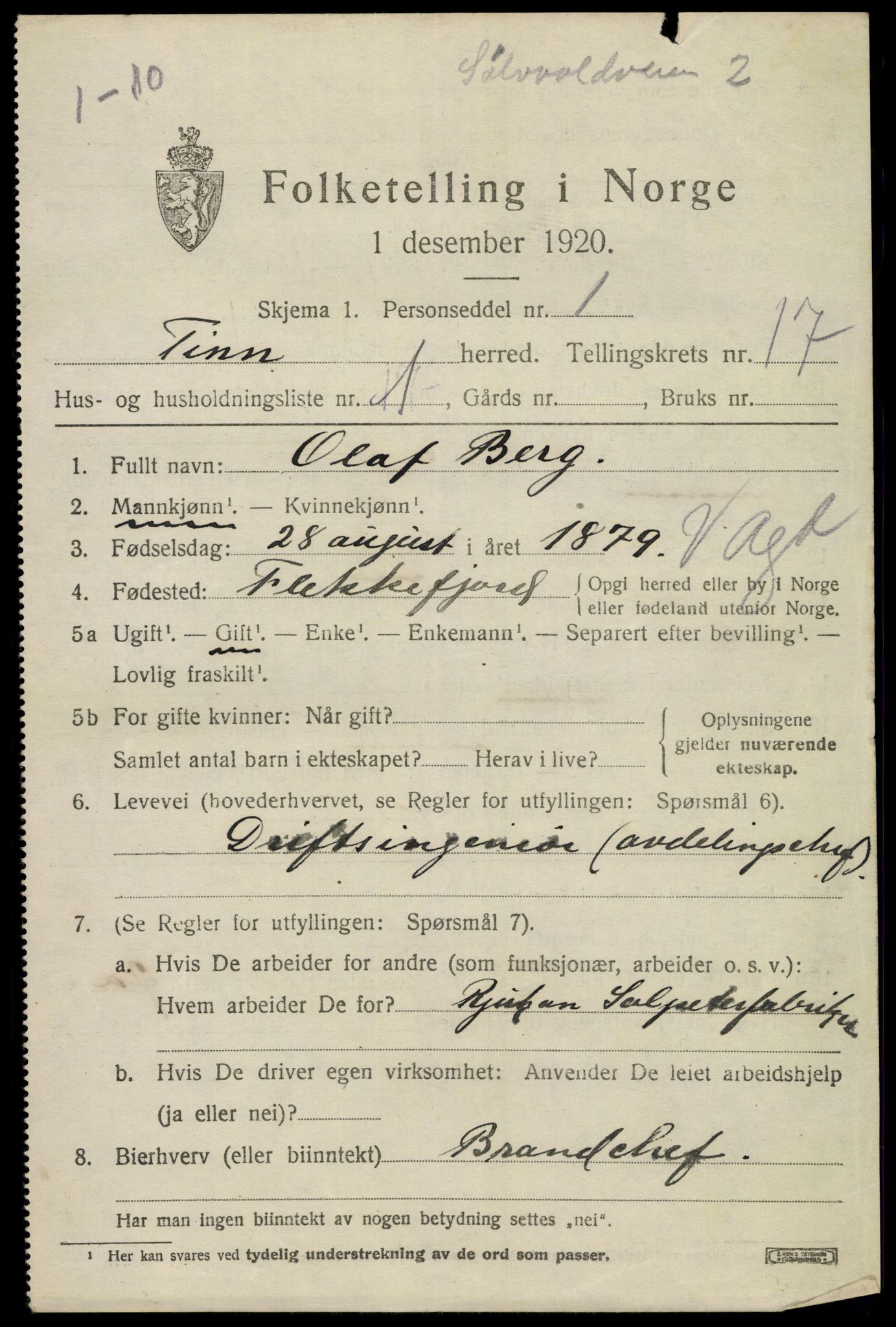 SAKO, 1920 census for Tinn, 1920, p. 18558