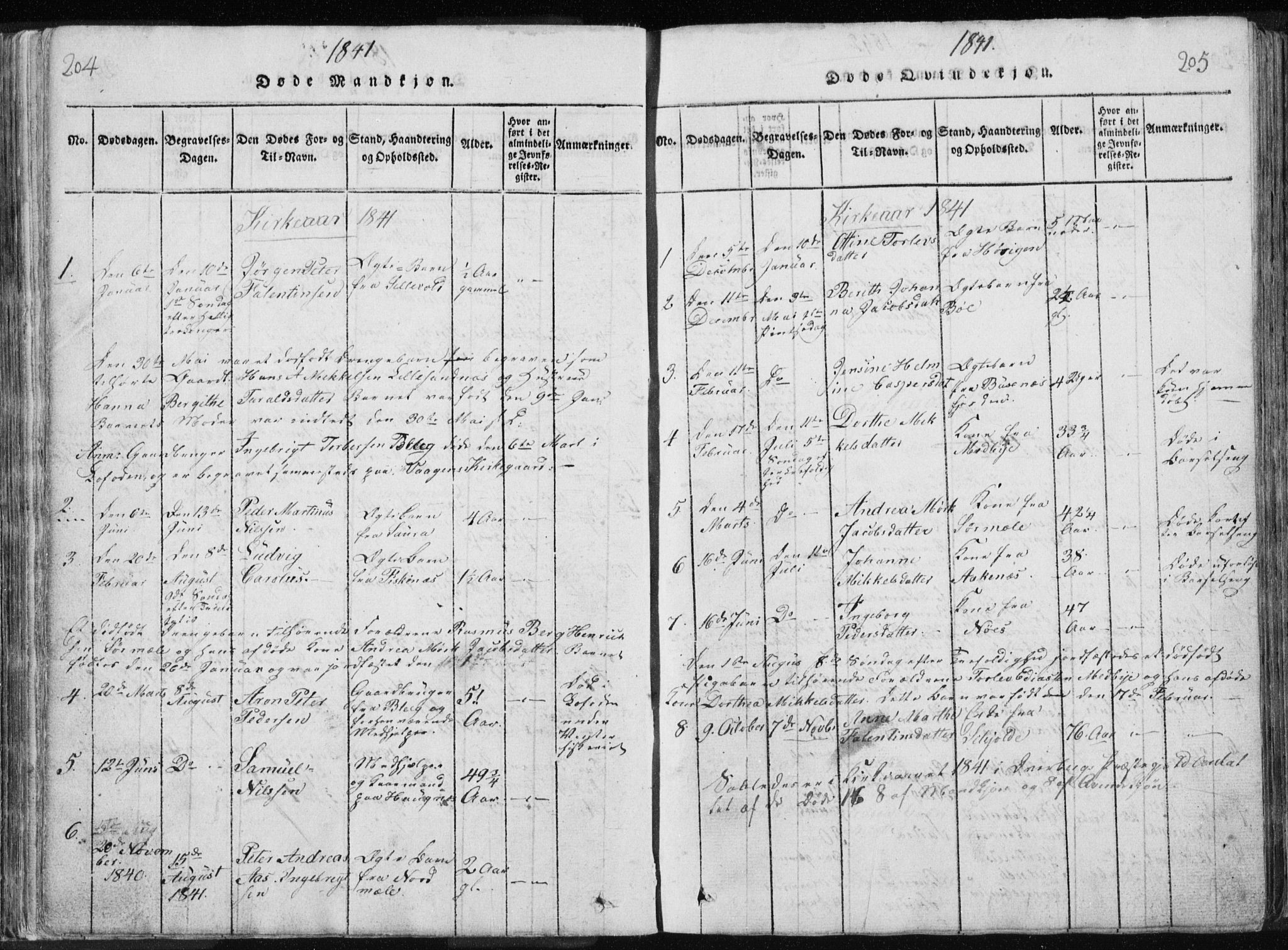 Ministerialprotokoller, klokkerbøker og fødselsregistre - Nordland, AV/SAT-A-1459/897/L1411: Parish register (copy) no. 897C01, 1820-1866, p. 204-205