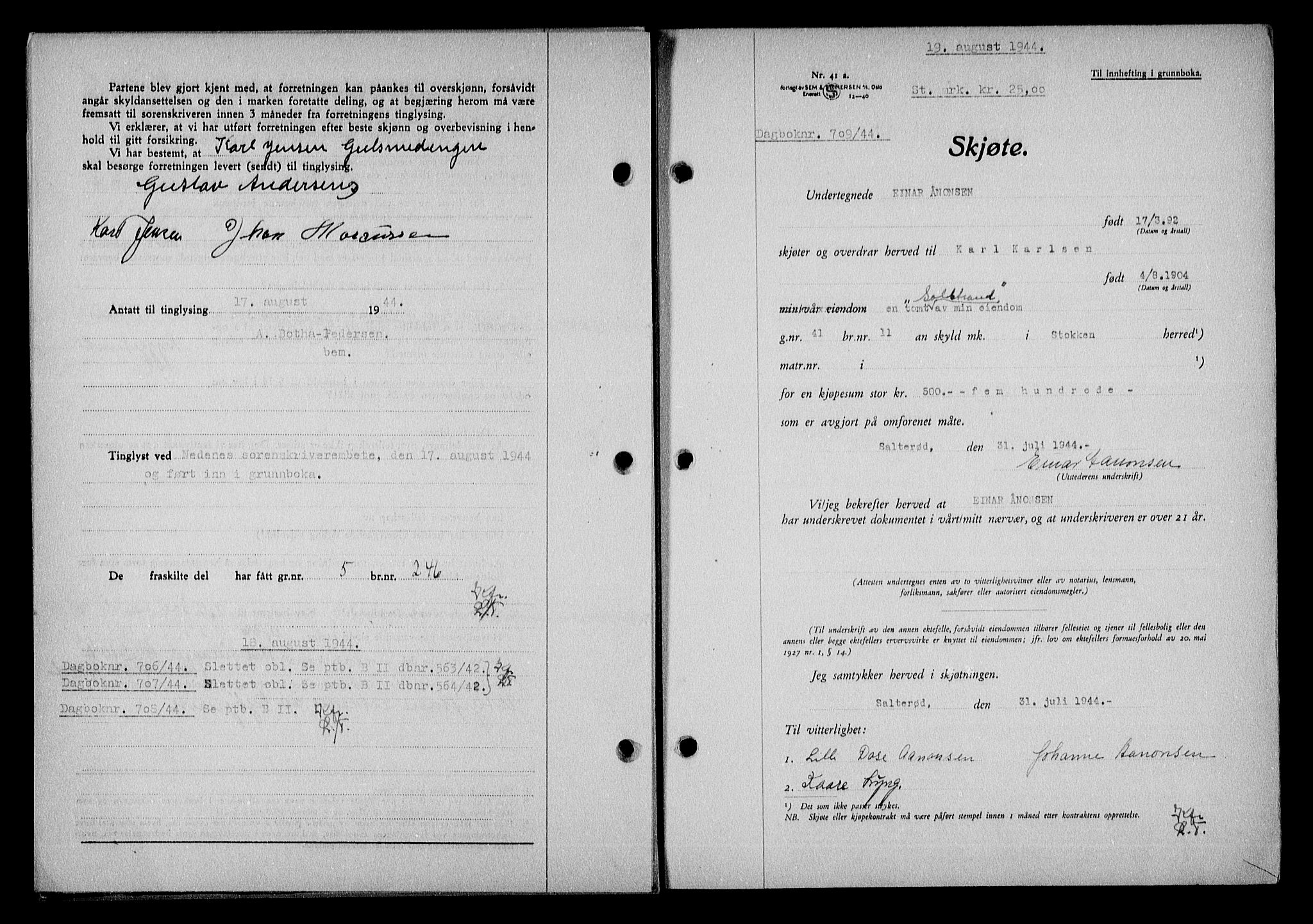 Nedenes sorenskriveri, SAK/1221-0006/G/Gb/Gba/L0051: Mortgage book no. A-V, 1943-1944, Diary no: : 709/1944