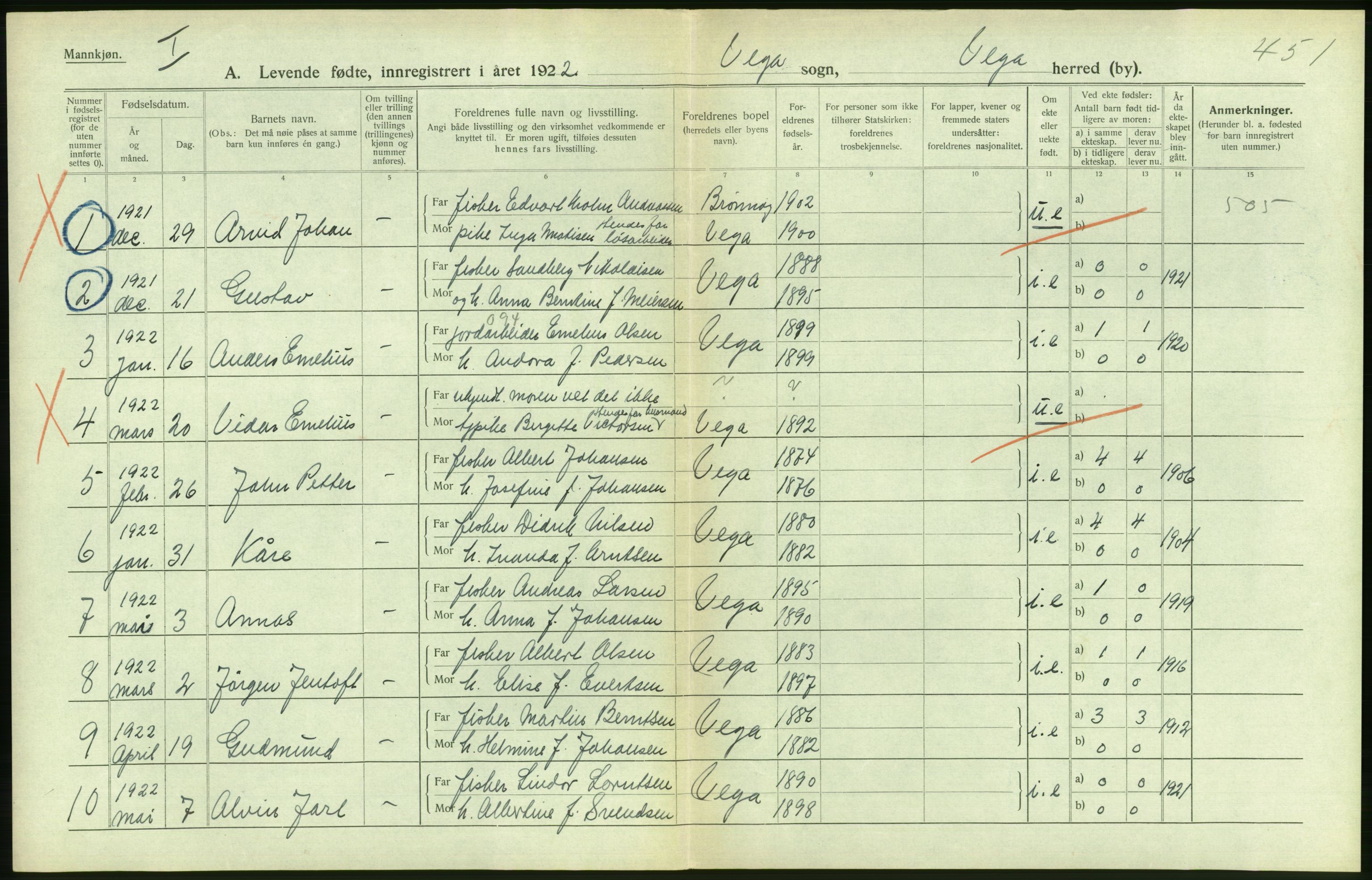 Statistisk sentralbyrå, Sosiodemografiske emner, Befolkning, AV/RA-S-2228/D/Df/Dfc/Dfcb/L0044: Nordland fylke: Levendefødte menn og kvinner. Bygder og byer., 1922, p. 544