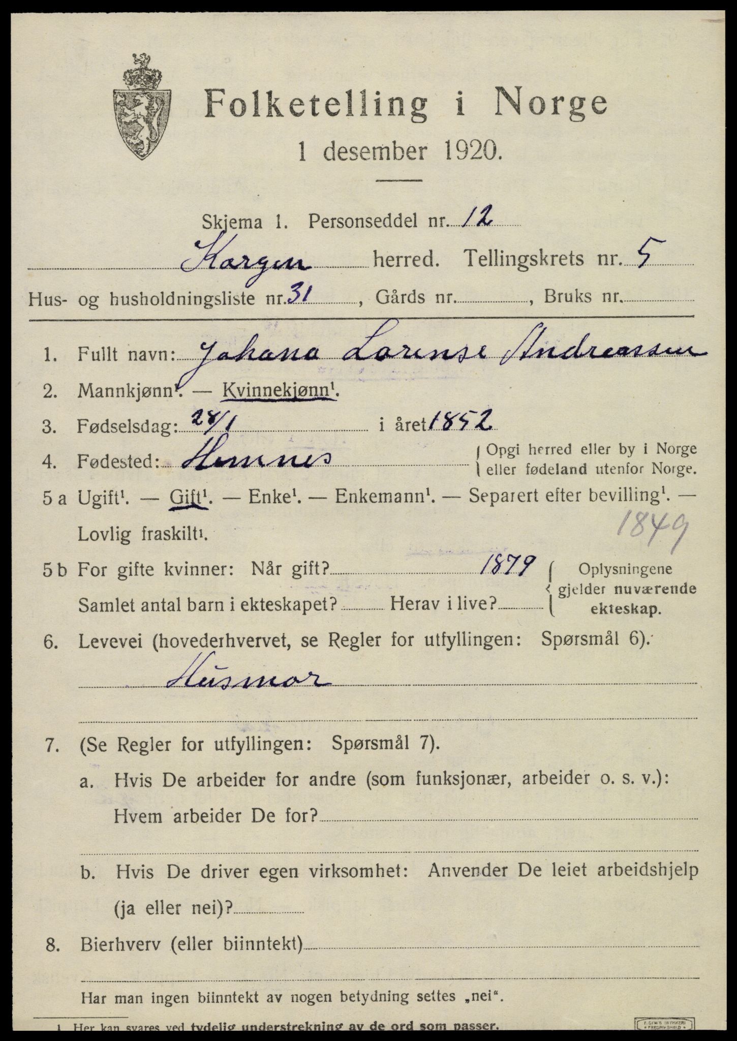 SAT, 1920 census for Korgen, 1920, p. 2410