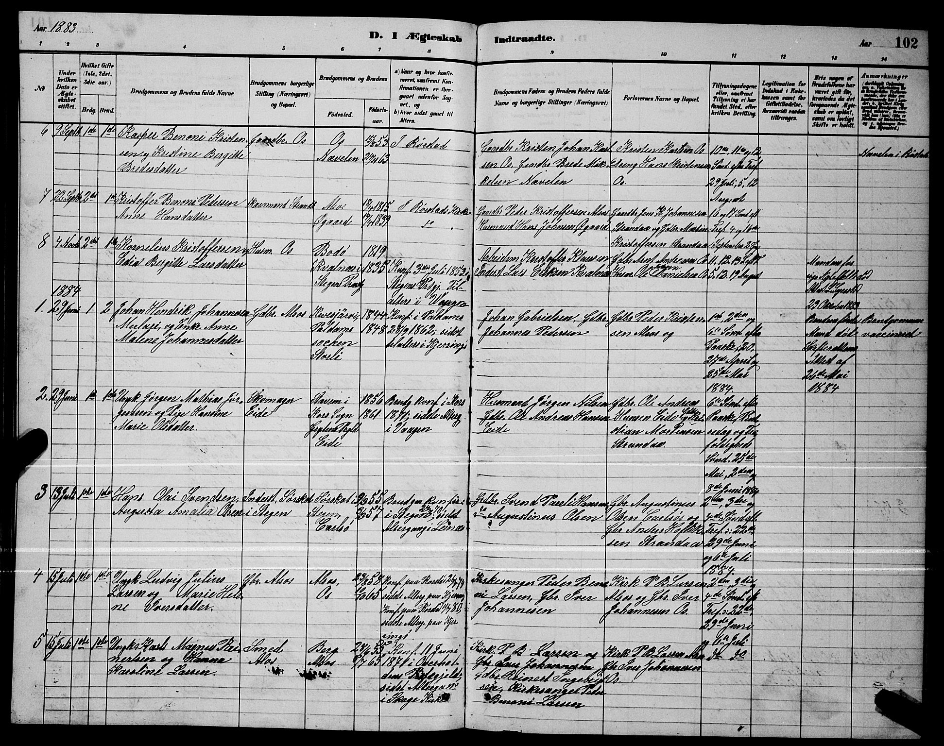 Ministerialprotokoller, klokkerbøker og fødselsregistre - Nordland, SAT/A-1459/803/L0076: Parish register (copy) no. 803C03, 1882-1897, p. 102