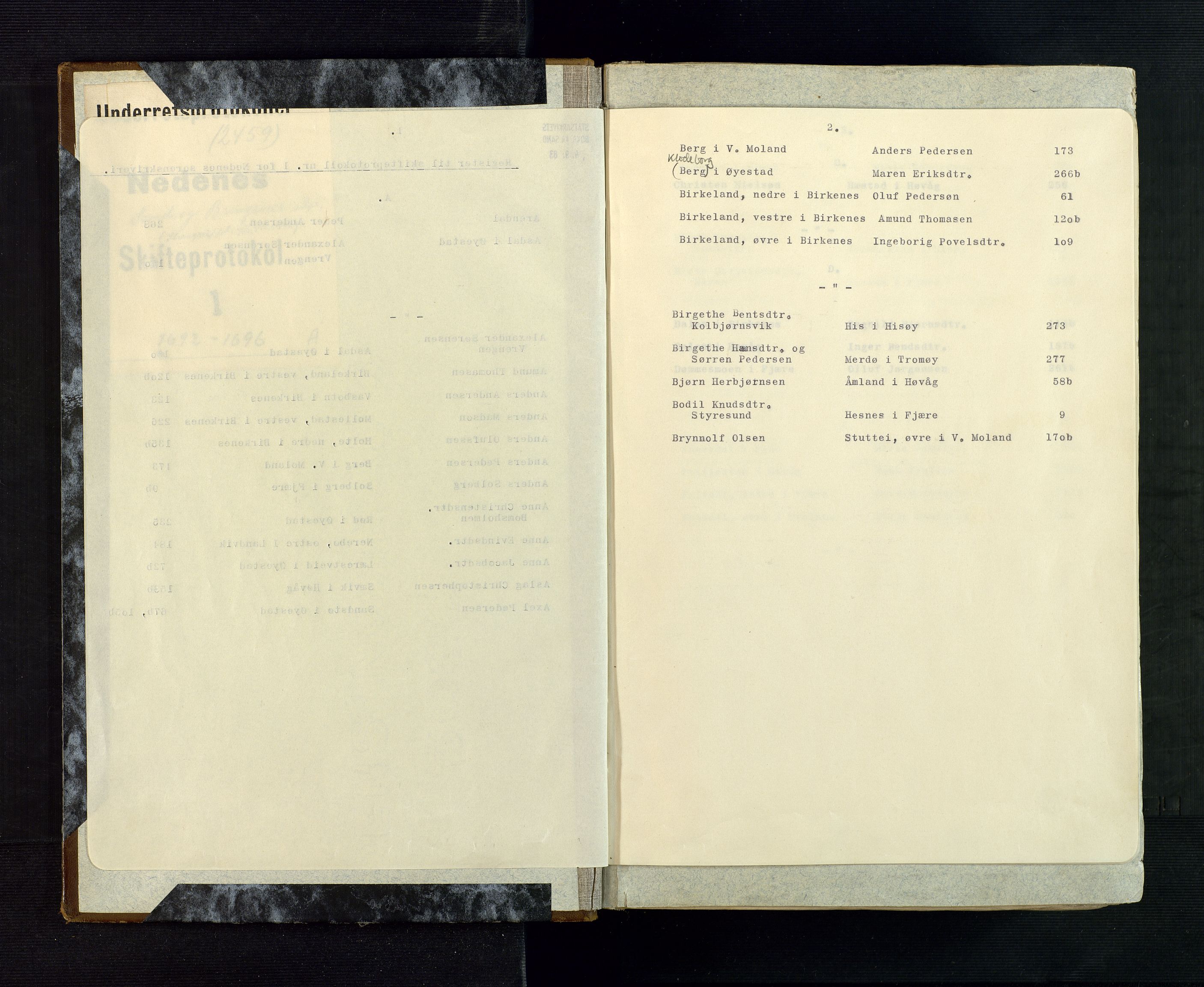 Nedenes sorenskriveri før 1824, AV/SAK-1221-0007/H/Hc/L0001: Skifteprotokoll med register nr 1, Sand og Bringsvær, 1692-1696