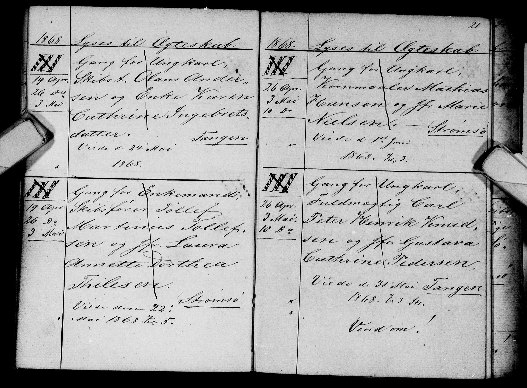 Strømsø kirkebøker, AV/SAKO-A-246/H/Ha/L0003: Banns register no. 3, 1866-1874, p. 21