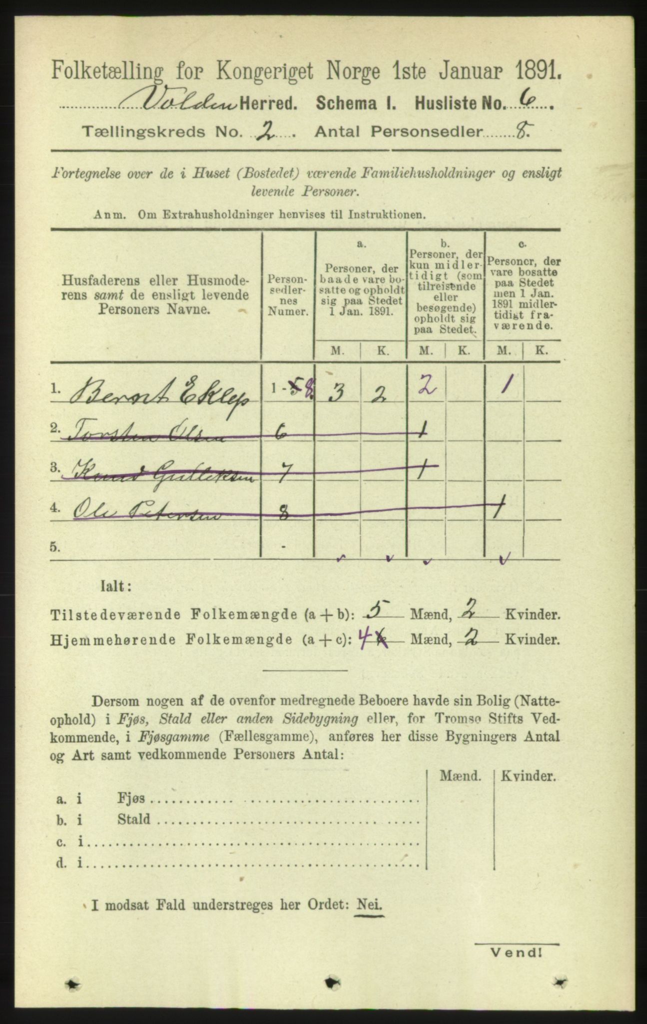 RA, 1891 census for 1519 Volda, 1891, p. 606