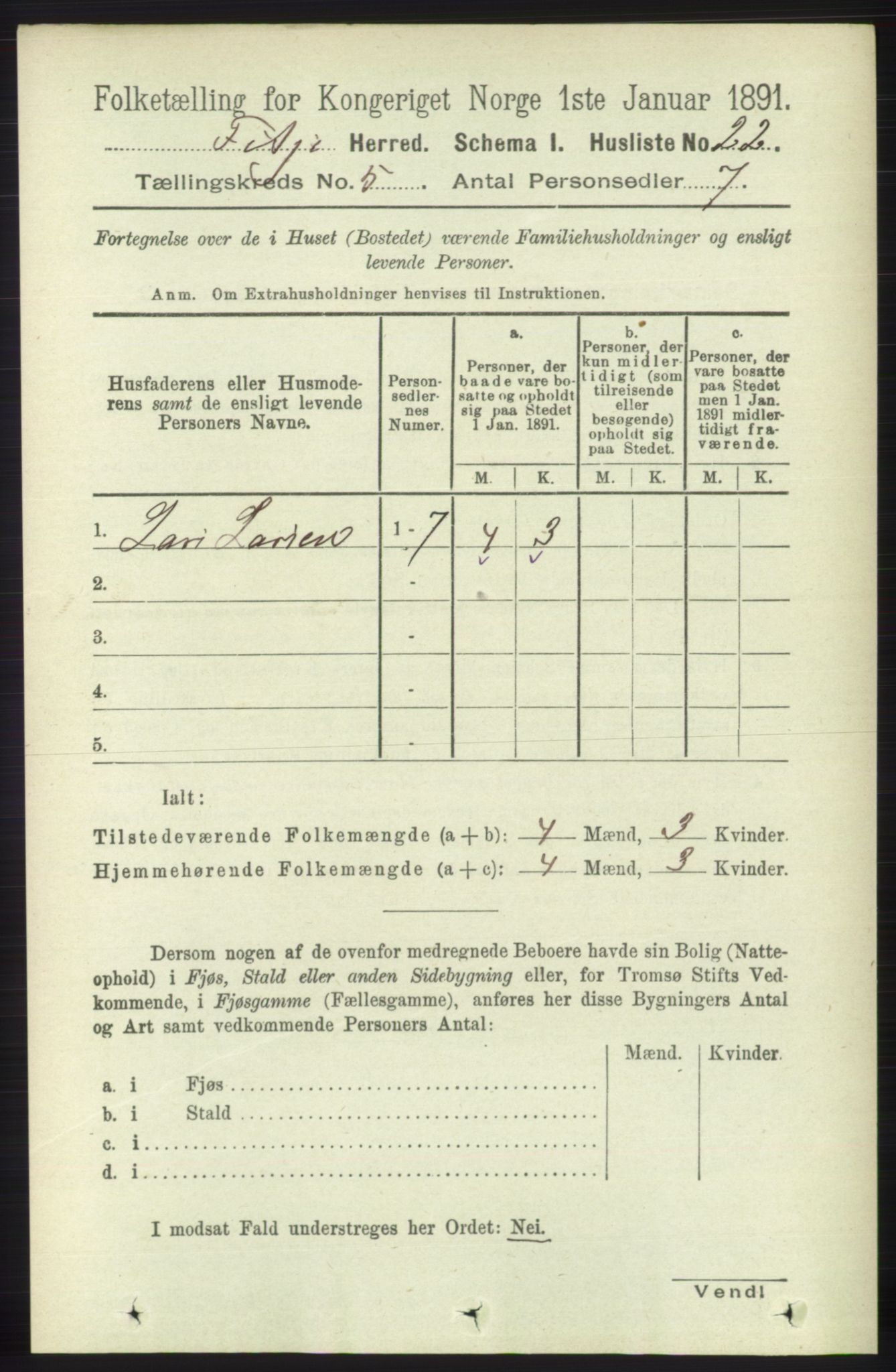 RA, 1891 census for 1222 Fitjar, 1891, p. 1698