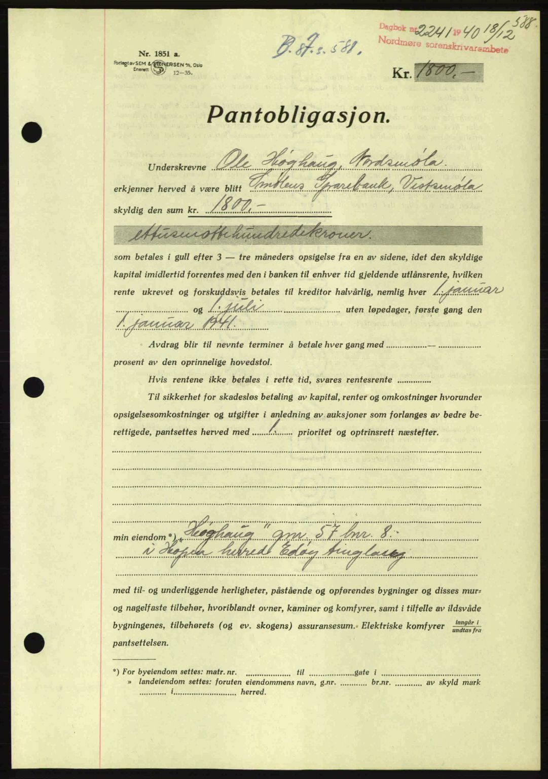 Nordmøre sorenskriveri, AV/SAT-A-4132/1/2/2Ca: Mortgage book no. B87, 1940-1941, Diary no: : 2241/1940