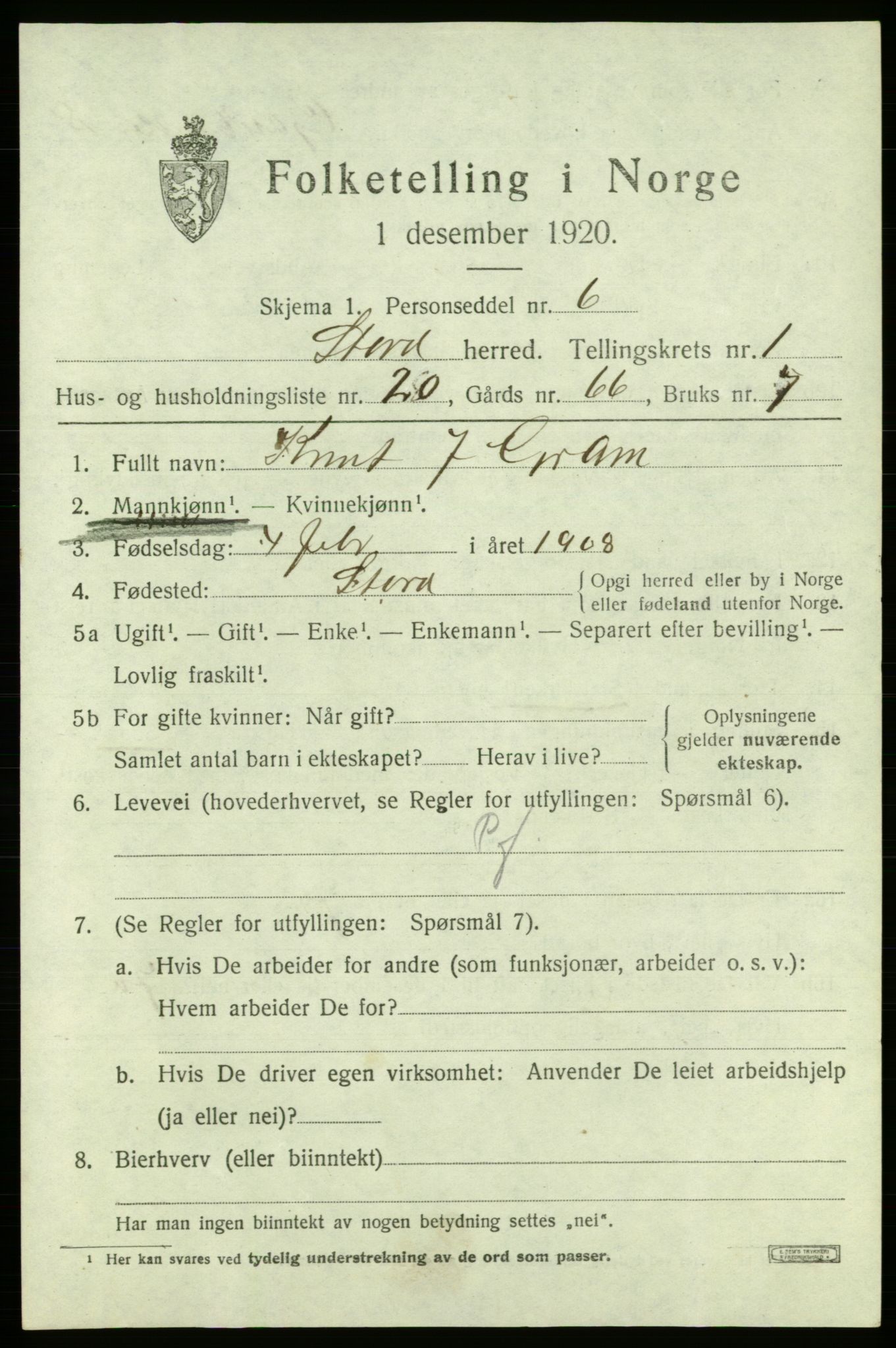 SAB, 1920 census for Stord, 1920, p. 1475