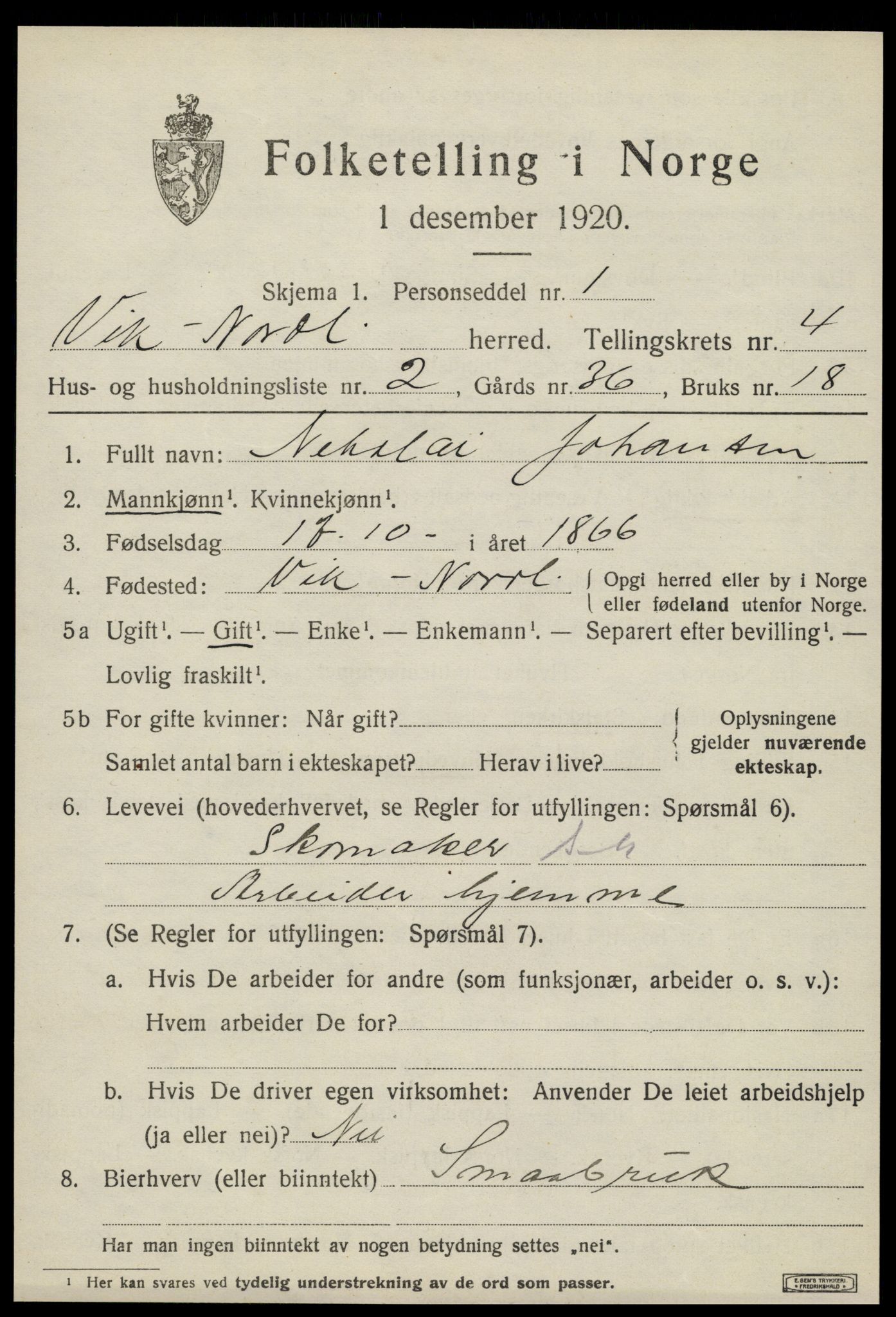 SAT, 1920 census for Vik, 1920, p. 2369