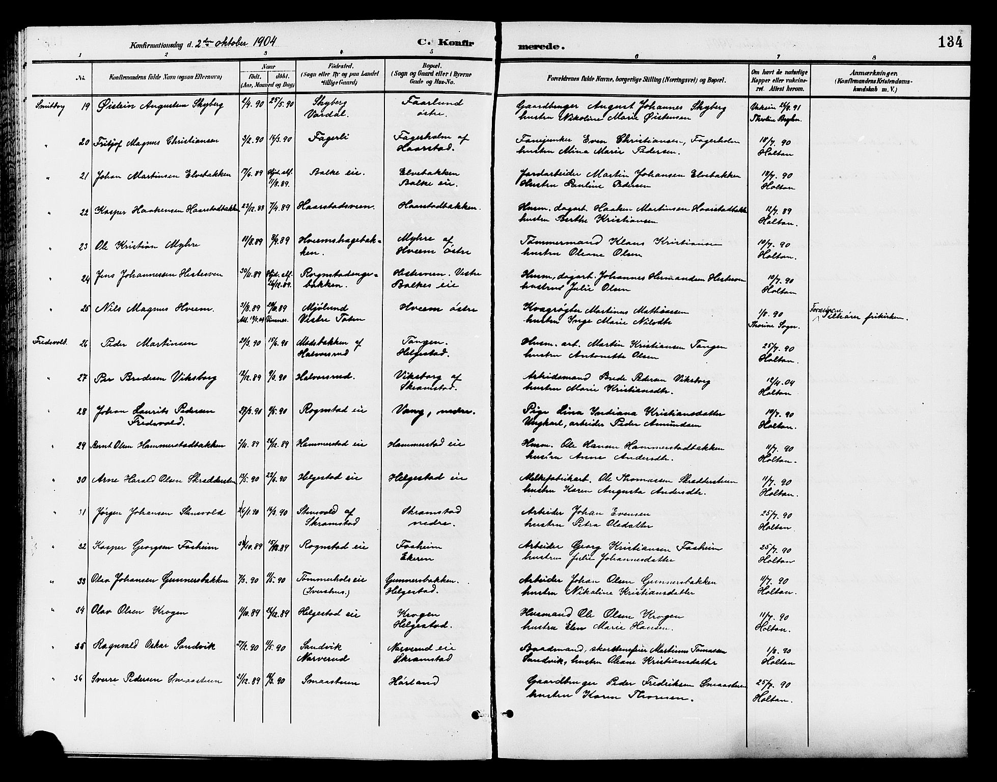 Østre Toten prestekontor, SAH/PREST-104/H/Ha/Hab/L0007: Parish register (copy) no. 7, 1901-1912, p. 134