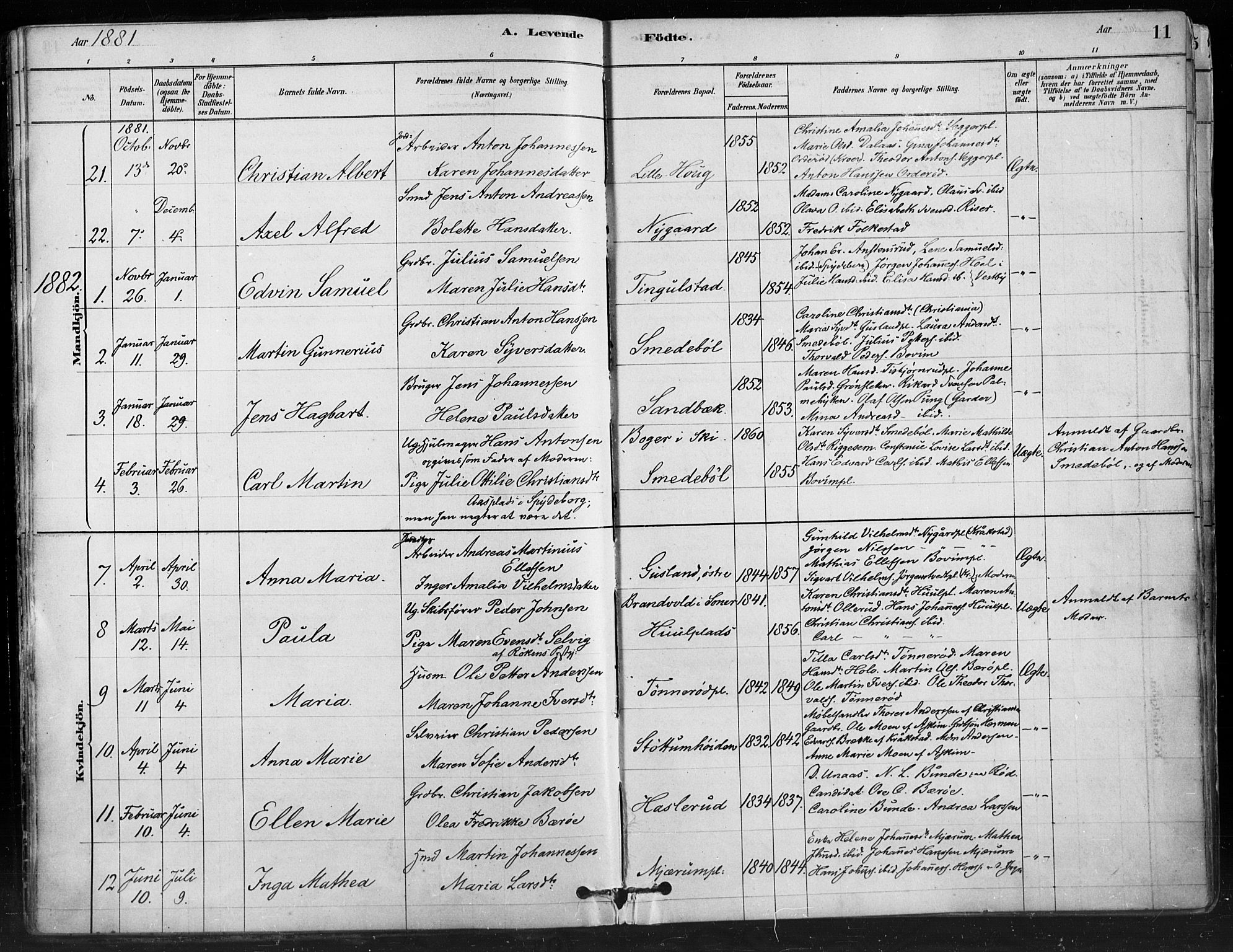 Hobøl prestekontor Kirkebøker, AV/SAO-A-2002/F/Fa/L0005: Parish register (official) no. I 5, 1878-1904, p. 11