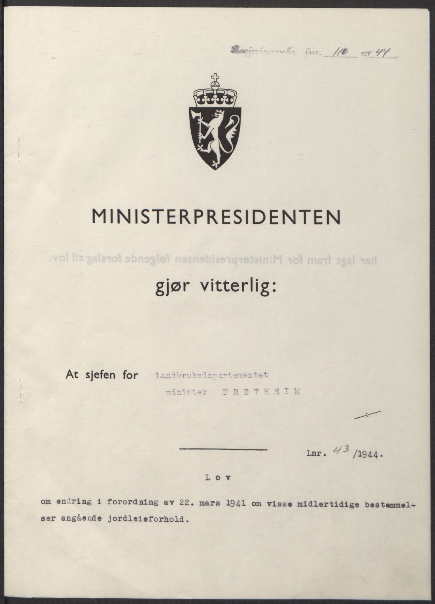 NS-administrasjonen 1940-1945 (Statsrådsekretariatet, de kommisariske statsråder mm), RA/S-4279/D/Db/L0100: Lover, 1944, p. 205