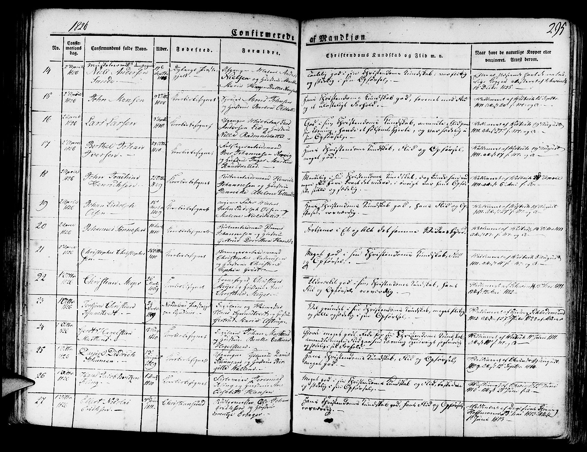 Korskirken sokneprestembete, AV/SAB-A-76101/H/Haa/L0014: Parish register (official) no. A 14, 1823-1835, p. 295