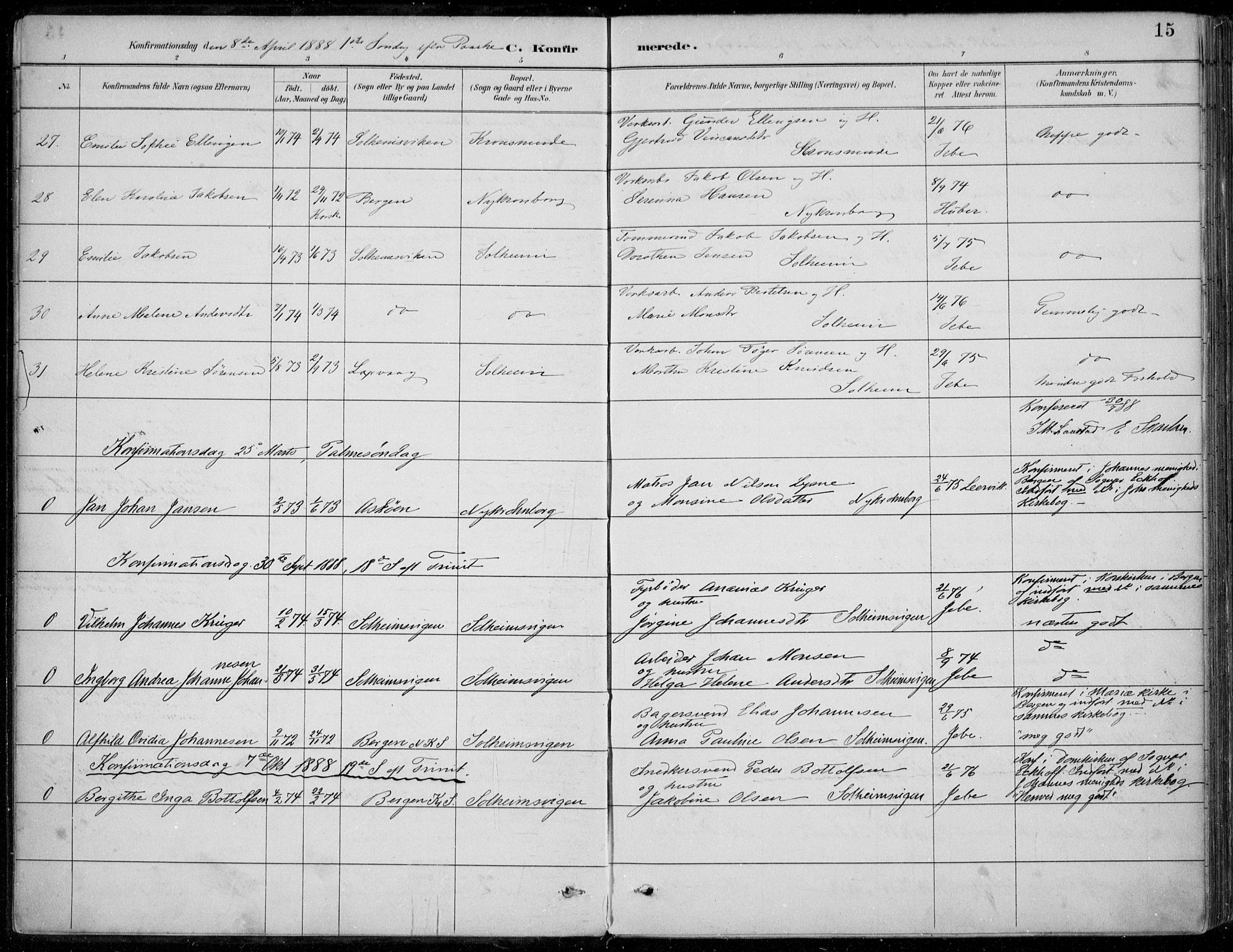 Årstad Sokneprestembete, AV/SAB-A-79301/H/Haa/L0006: Parish register (official) no. B 1, 1886-1901, p. 15