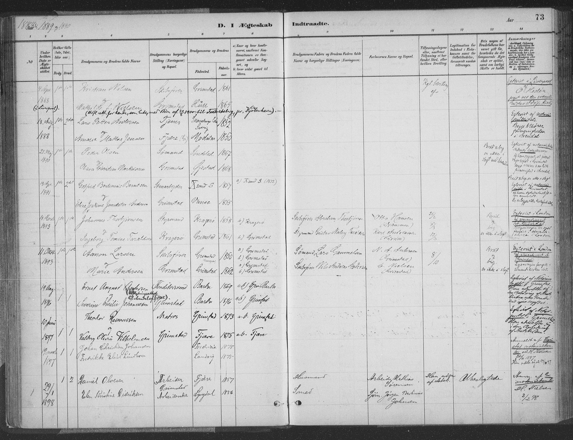 Grimstad sokneprestkontor, SAK/1111-0017/F/Fa/L0004: Parish register (official) no. A 3, 1882-1910, p. 73