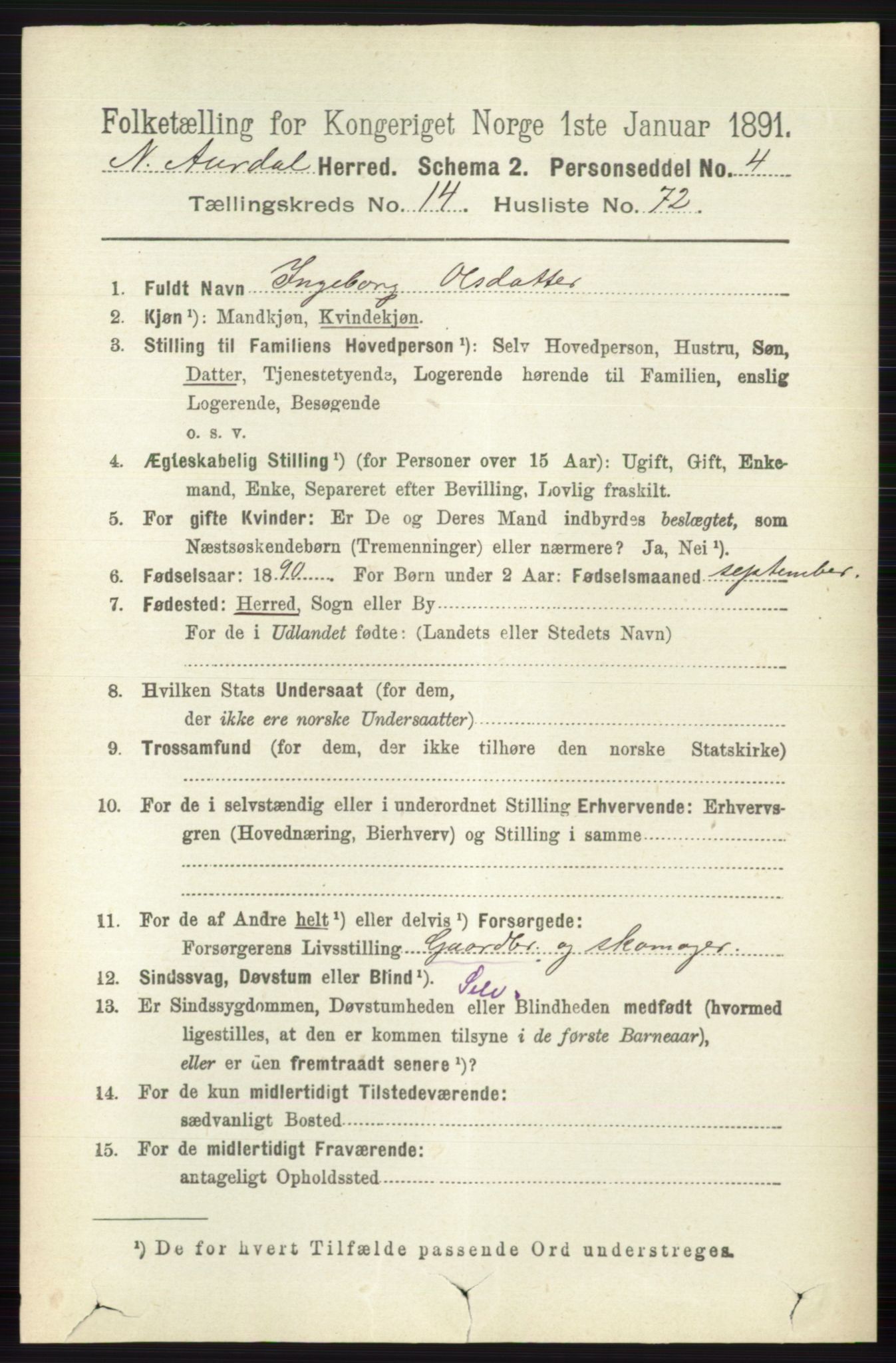 RA, 1891 census for 0542 Nord-Aurdal, 1891, p. 5663