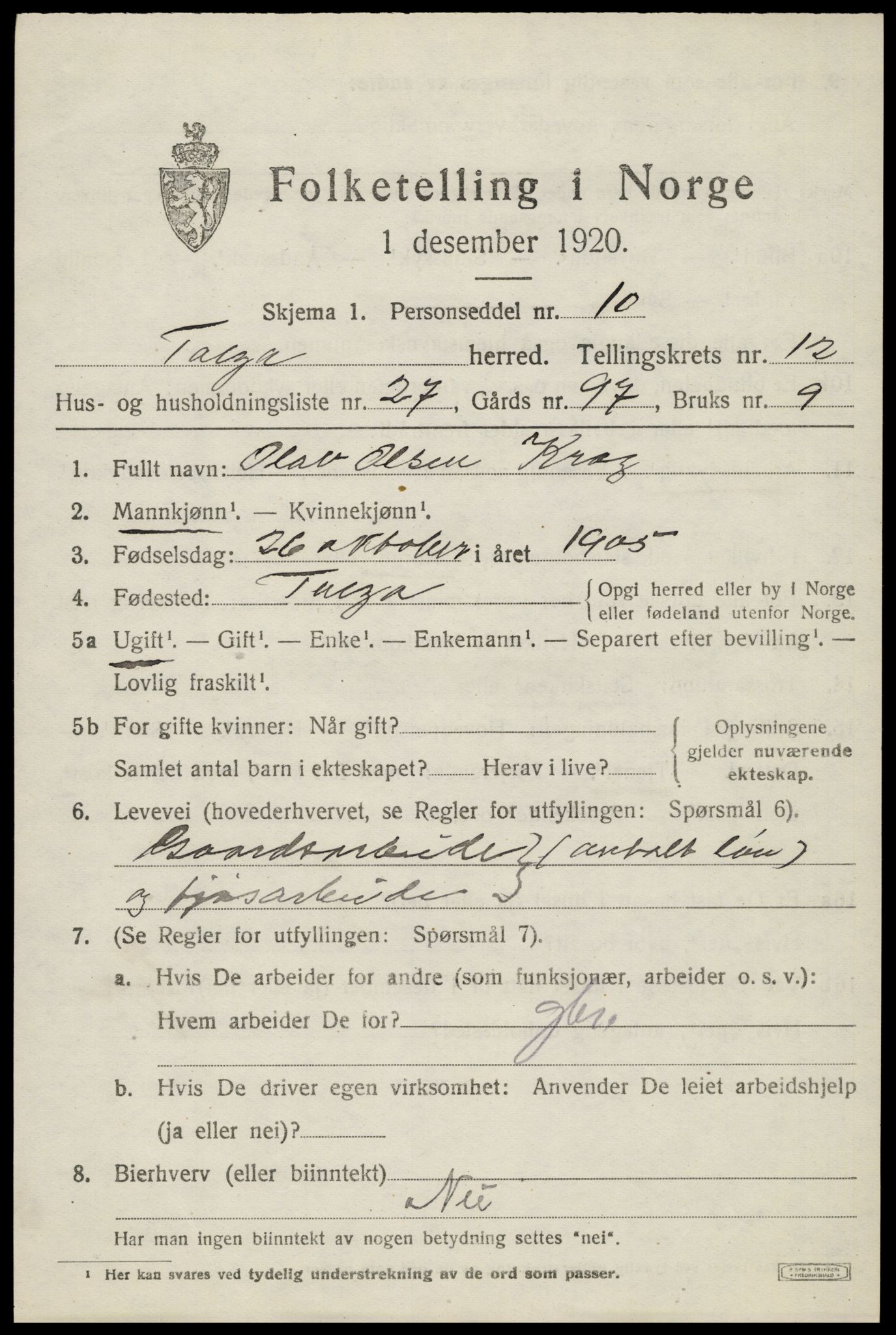 SAH, 1920 census for Tolga, 1920, p. 5813