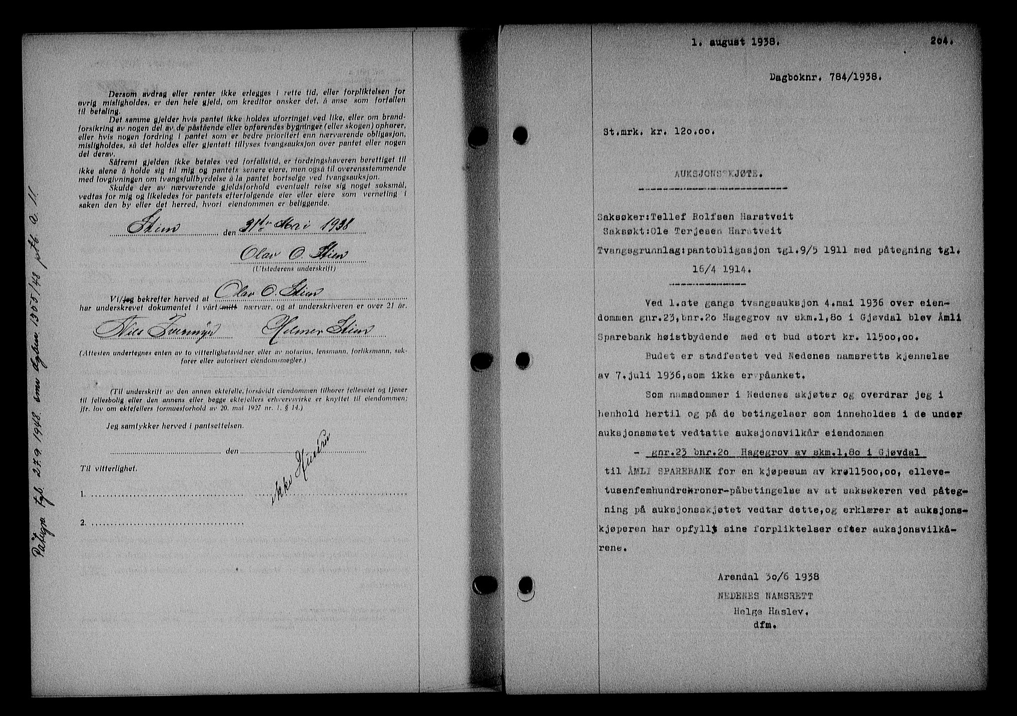Nedenes sorenskriveri, SAK/1221-0006/G/Gb/Gba/L0045: Mortgage book no. 41, 1938-1938, Diary no: : 784/1938