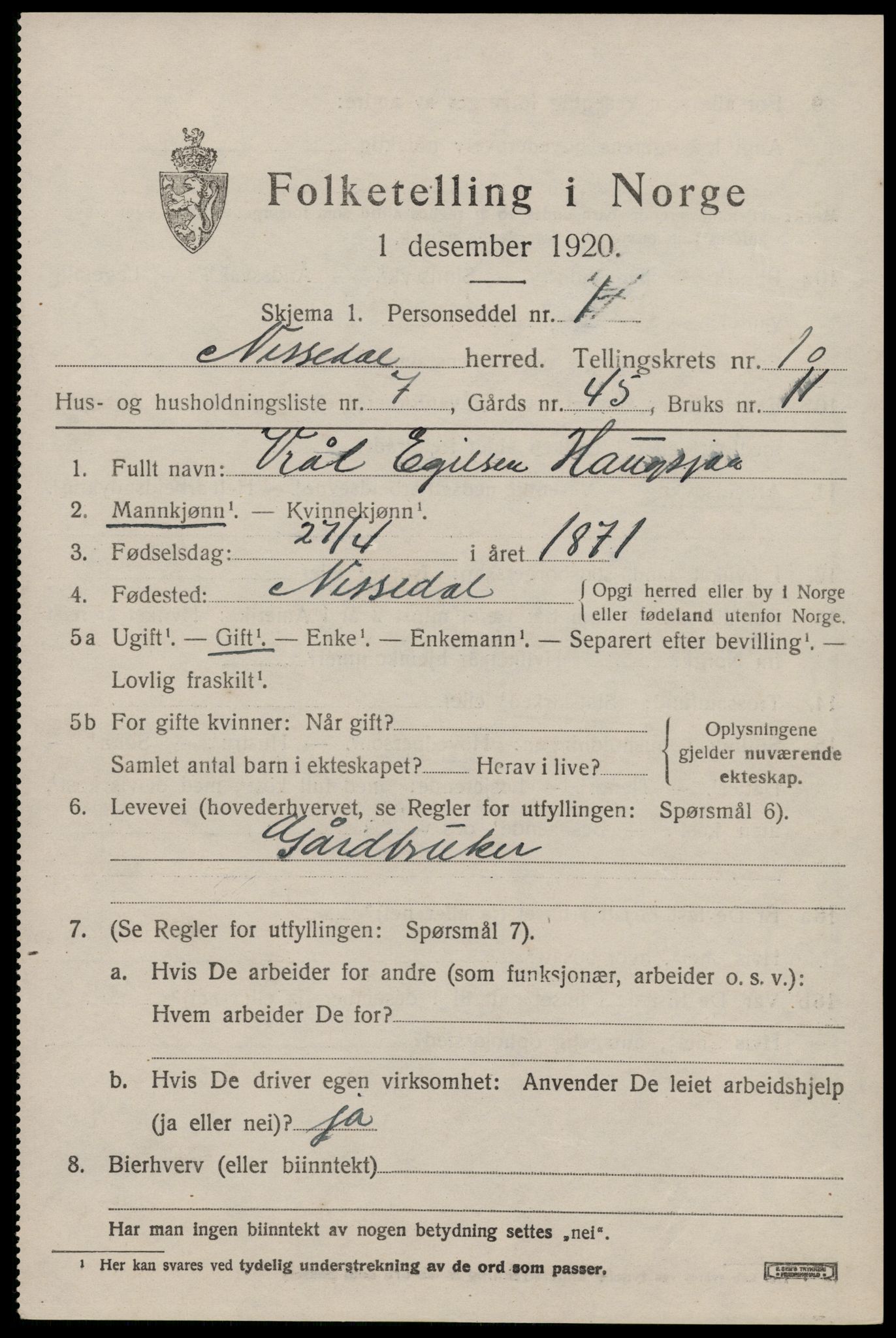 SAKO, 1920 census for Nissedal, 1920, p. 3931