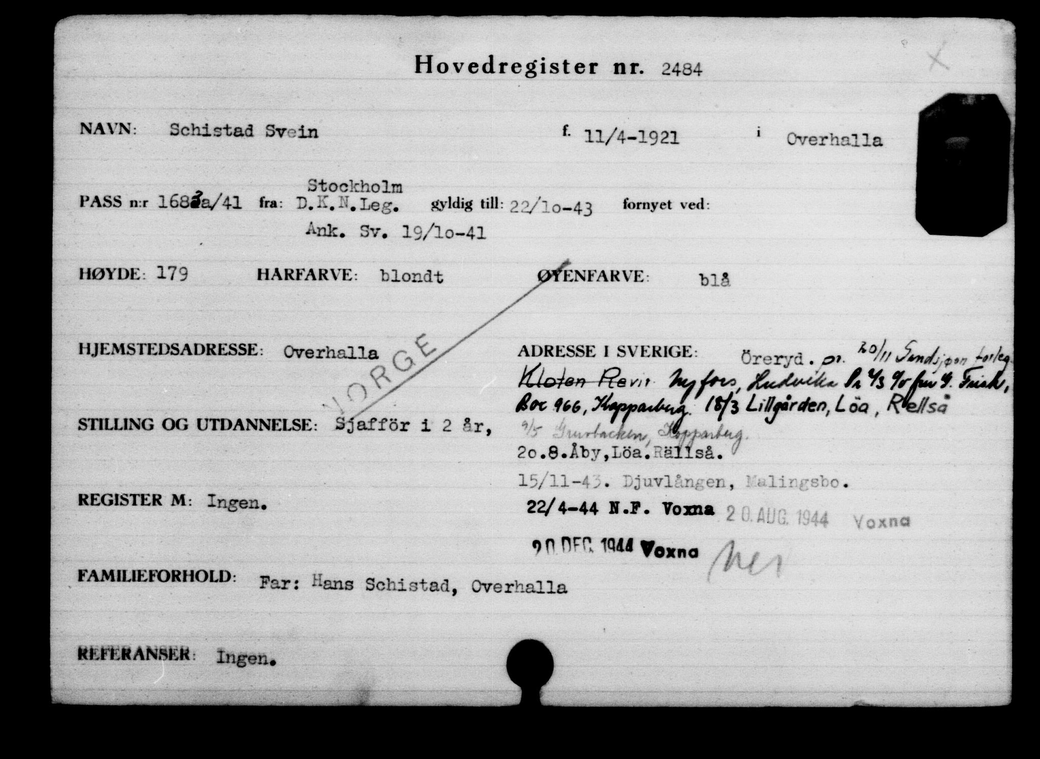 Utenriksstasjonene, Legasjonen i Stockholm, Flyktningkontoret, AV/RA-S-6753/V/Va/L0003: Kjesäterkartoteket, flyktninger med registreringsnr. 2001-3495, 1940-1945, p. 819