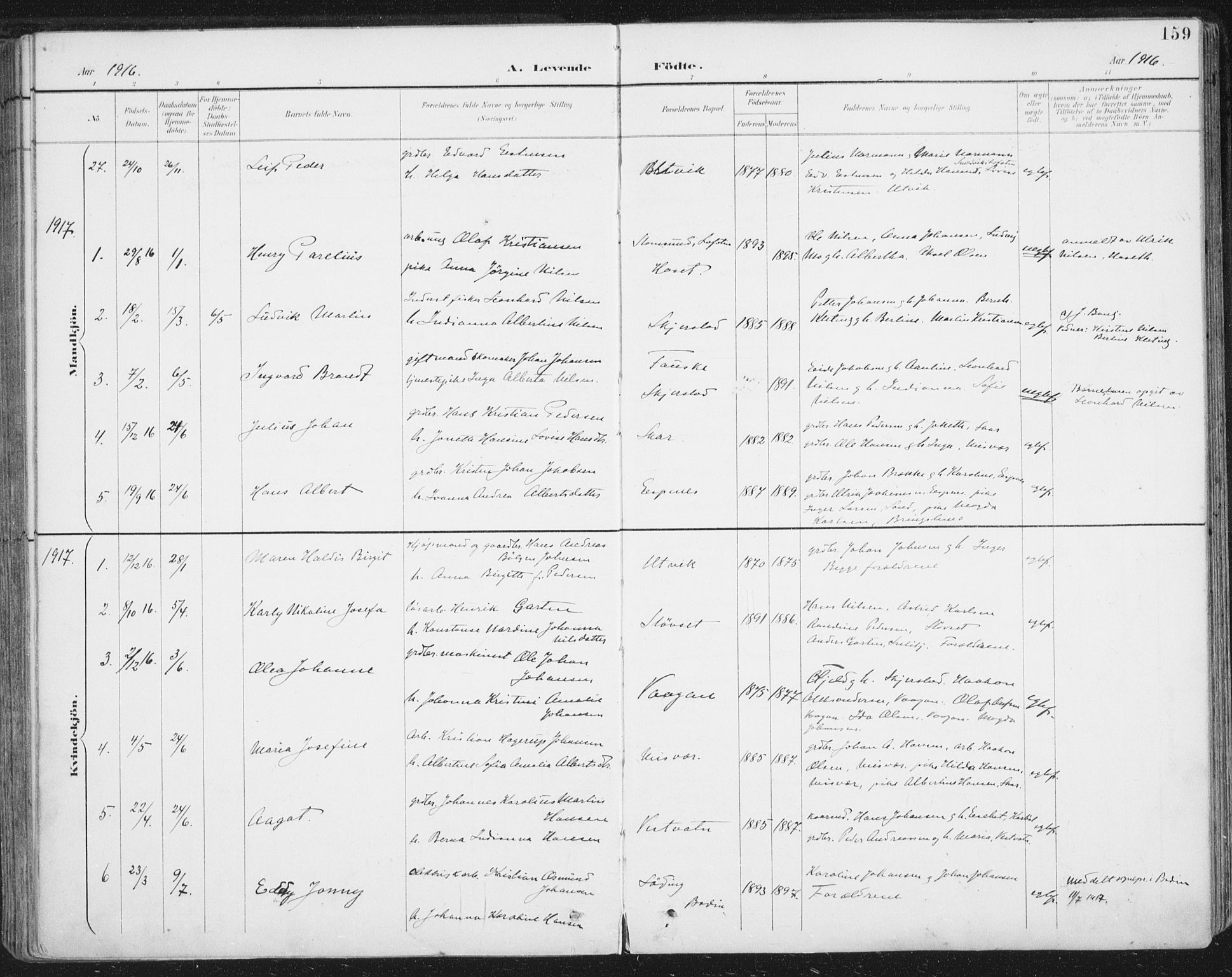Ministerialprotokoller, klokkerbøker og fødselsregistre - Nordland, SAT/A-1459/852/L0741: Parish register (official) no. 852A11, 1894-1917, p. 159
