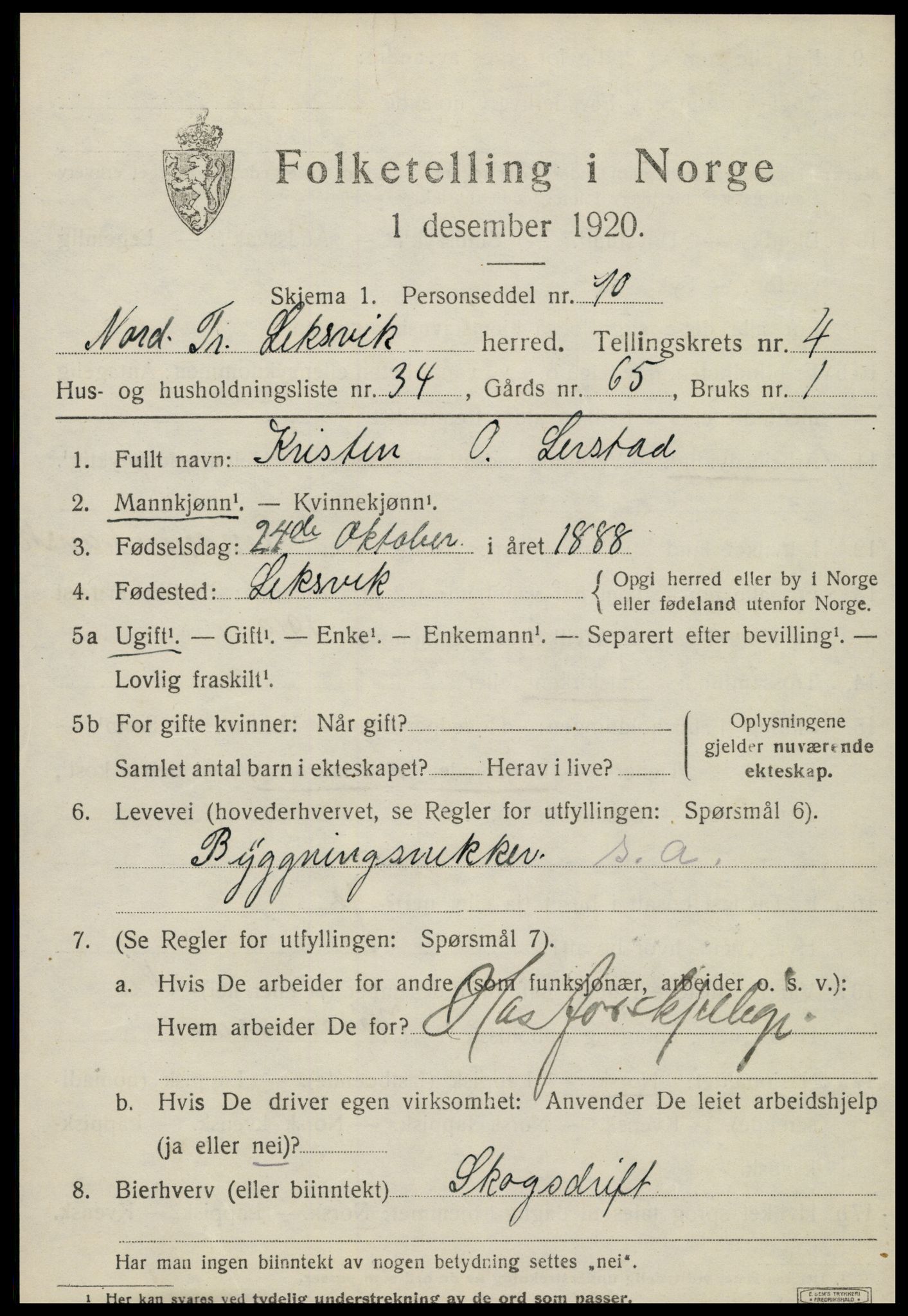 SAT, 1920 census for Leksvik, 1920, p. 3940