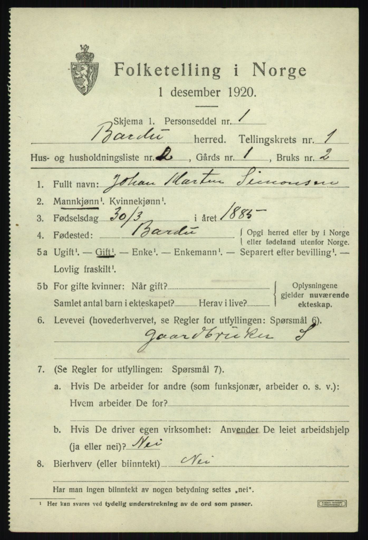 SATØ, 1920 census for Bardu, 1920, p. 639