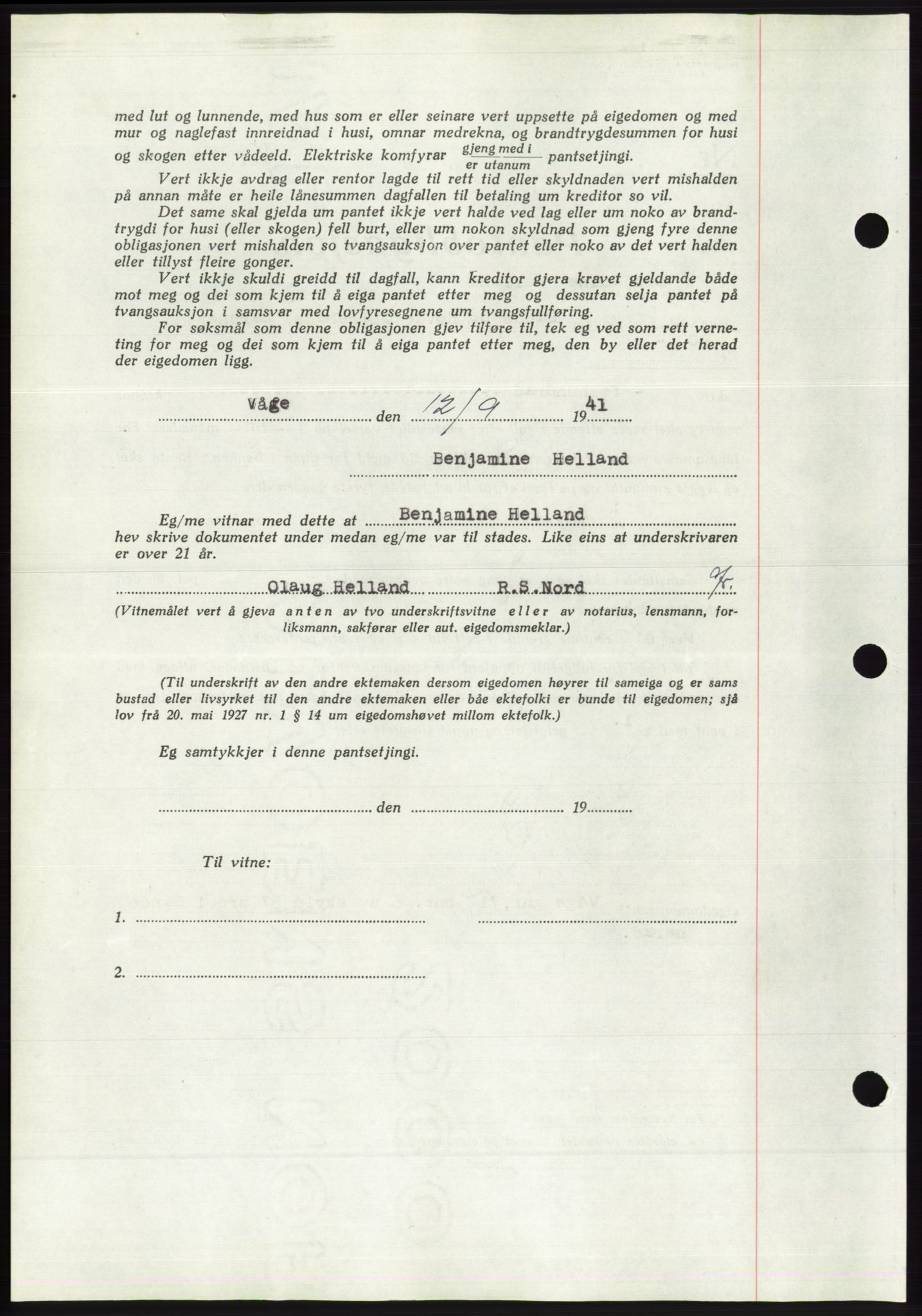 Søre Sunnmøre sorenskriveri, AV/SAT-A-4122/1/2/2C/L0071: Mortgage book no. 65, 1941-1941, Diary no: : 943/1941