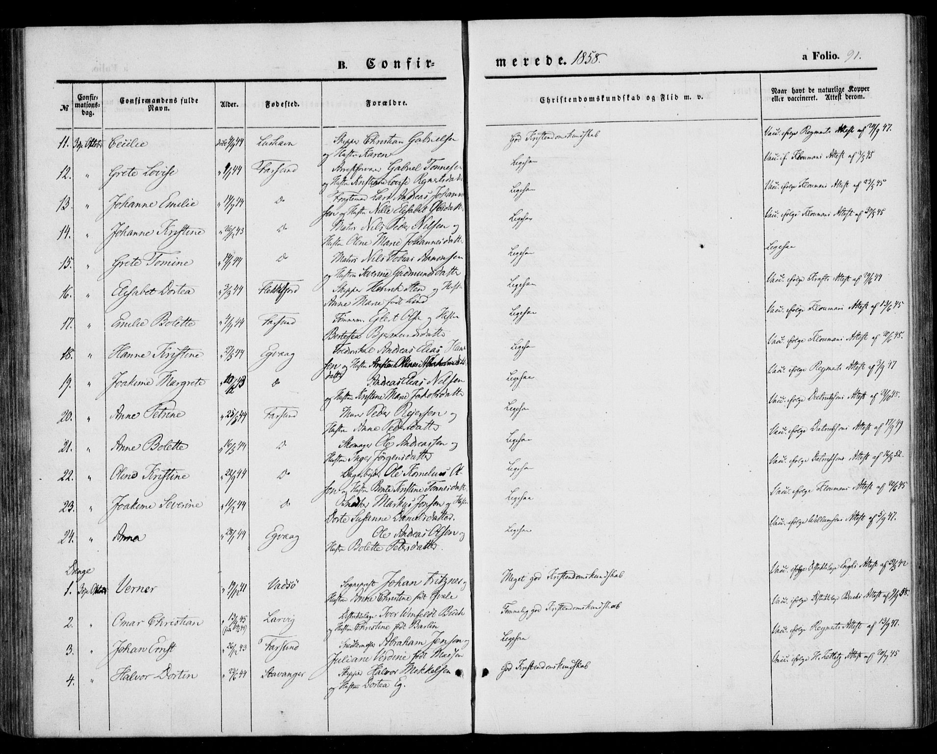 Farsund sokneprestkontor, AV/SAK-1111-0009/F/Fa/L0004: Parish register (official) no. A 4, 1847-1863, p. 91